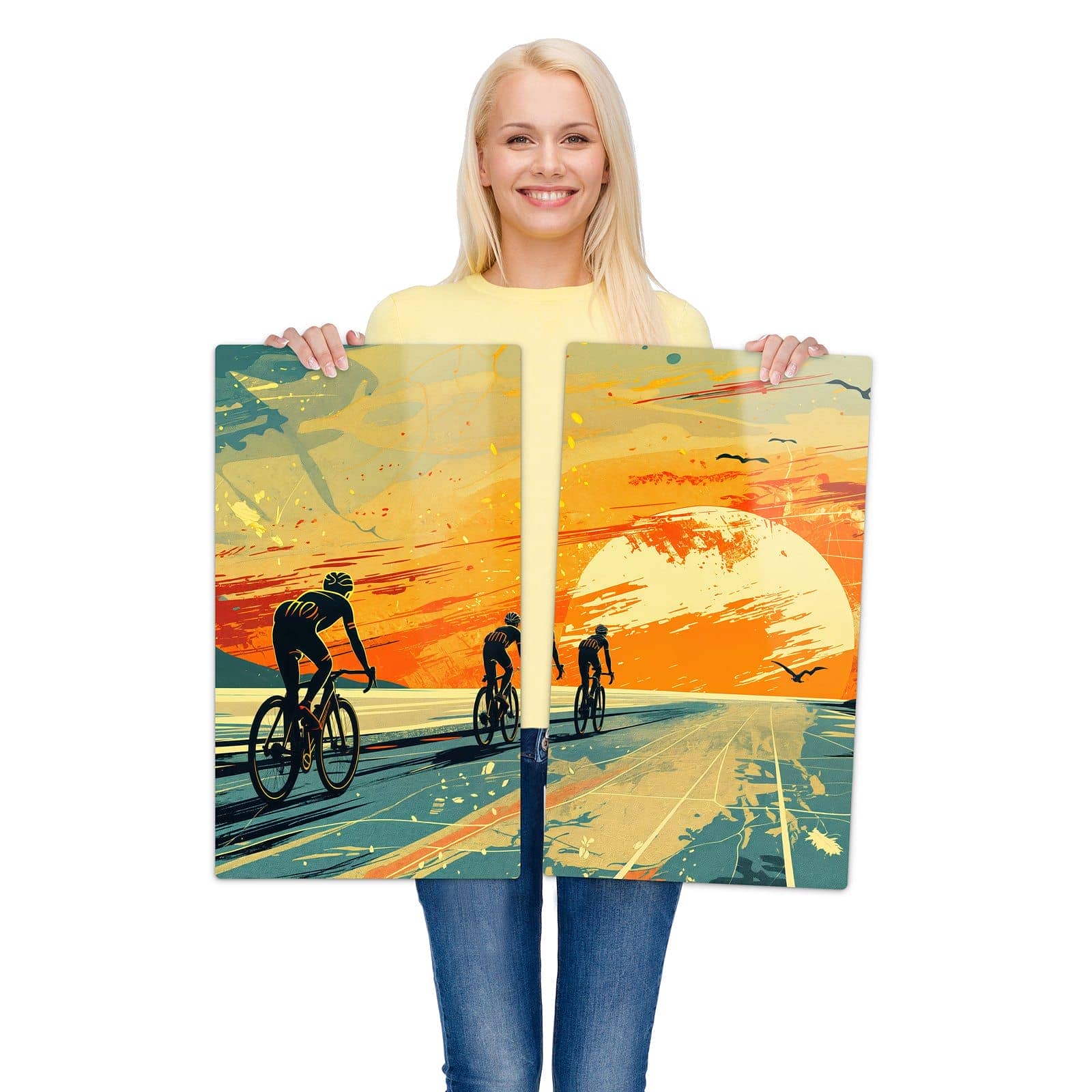 2-teilige Ceranfeld Abdeckplatten mit Radfahrer Sonnenuntergang-Motiv werden zur Größendarstellung gehalten