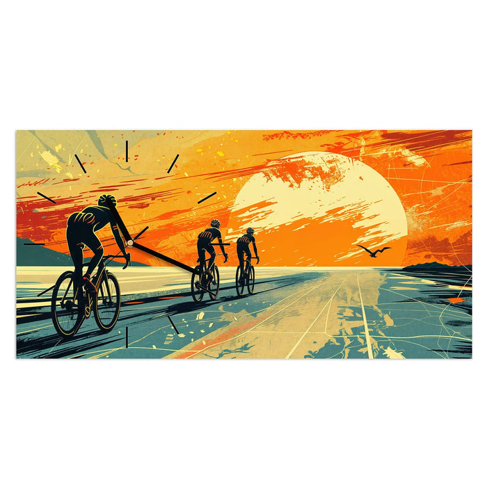Wanduhr Radfahrer Sonnenuntergang aus Glas – Querformat 60 × 30 cm mit Ziffernblatt Linie