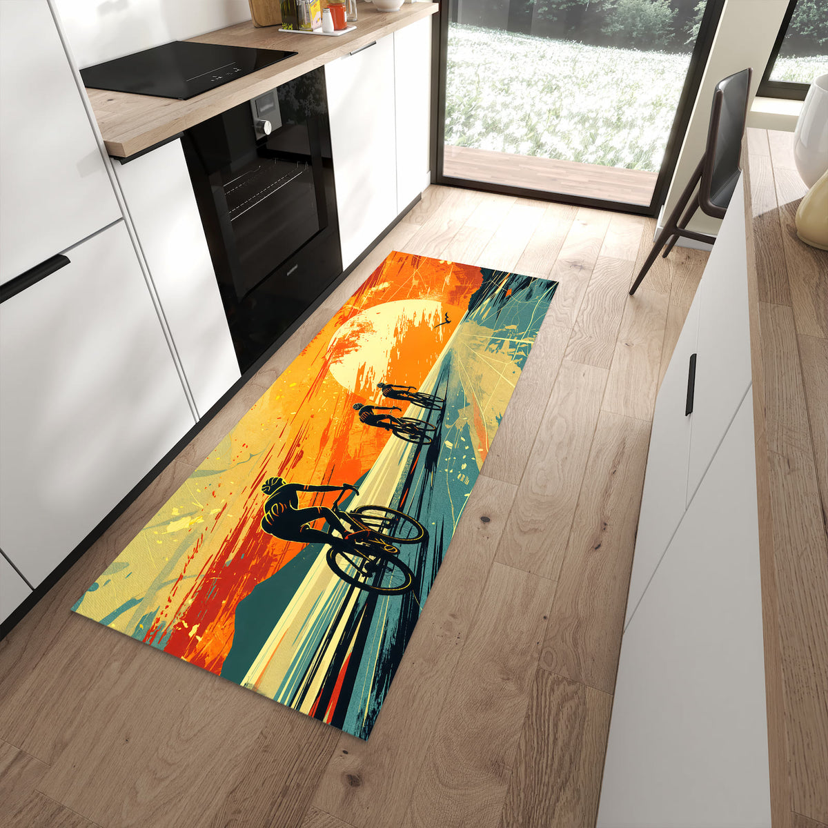 UV-beständiger Küchenläufer mit Motiv Radfahrer Sonnenuntergang in moderner Küche - waschbar