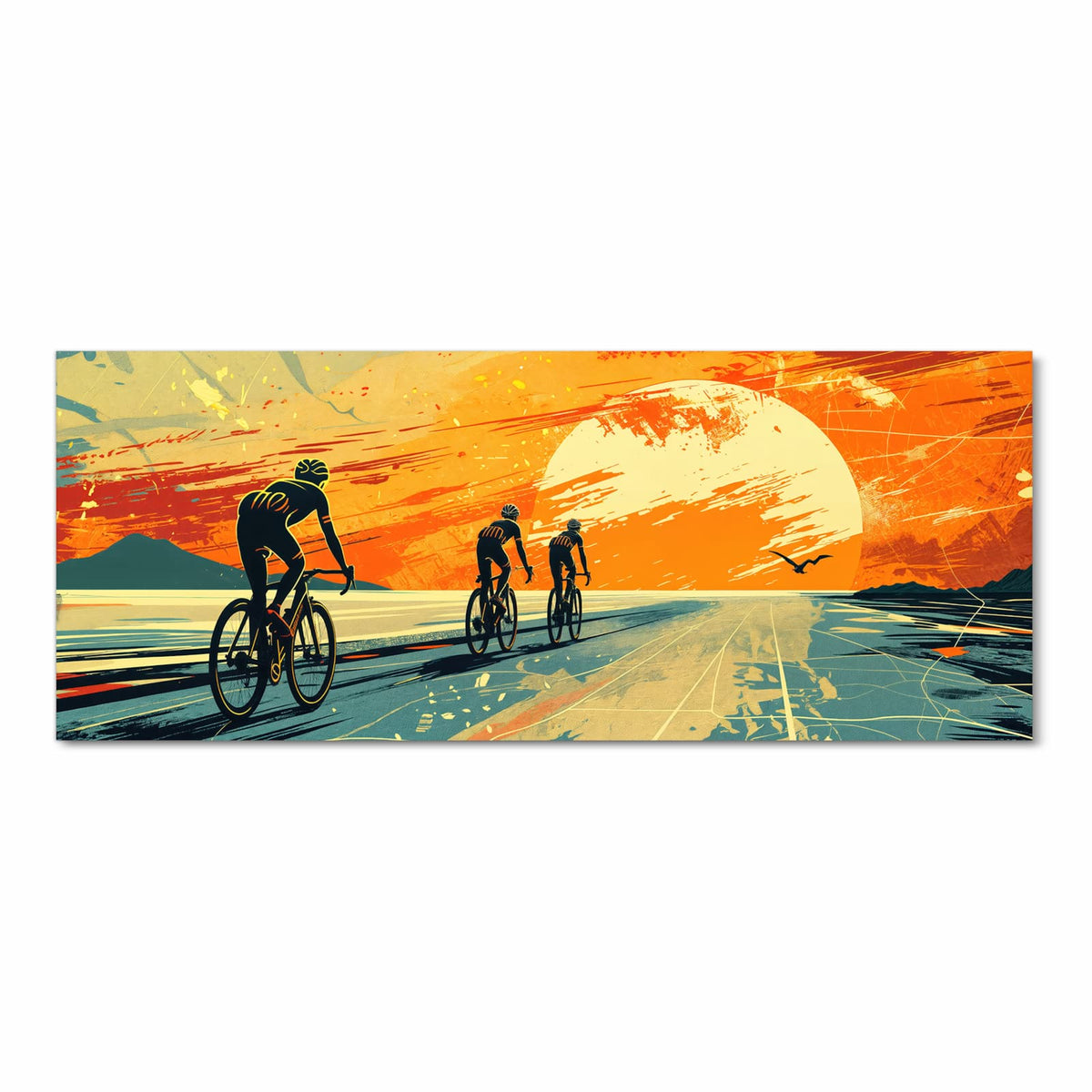Langlebiger Küchenvorleger mit Motiv Radfahrer Sonnenuntergang in Frontansicht
