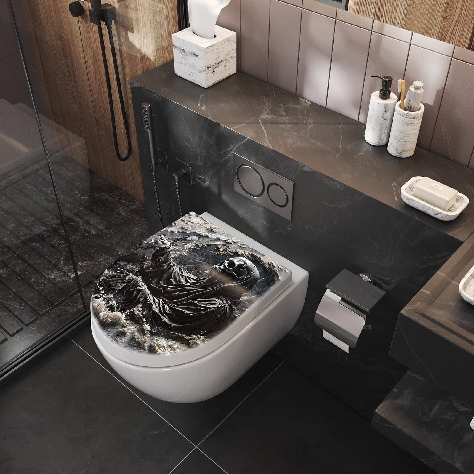 WC-Sitz mit Absenkautomatik Skelett in Wellen