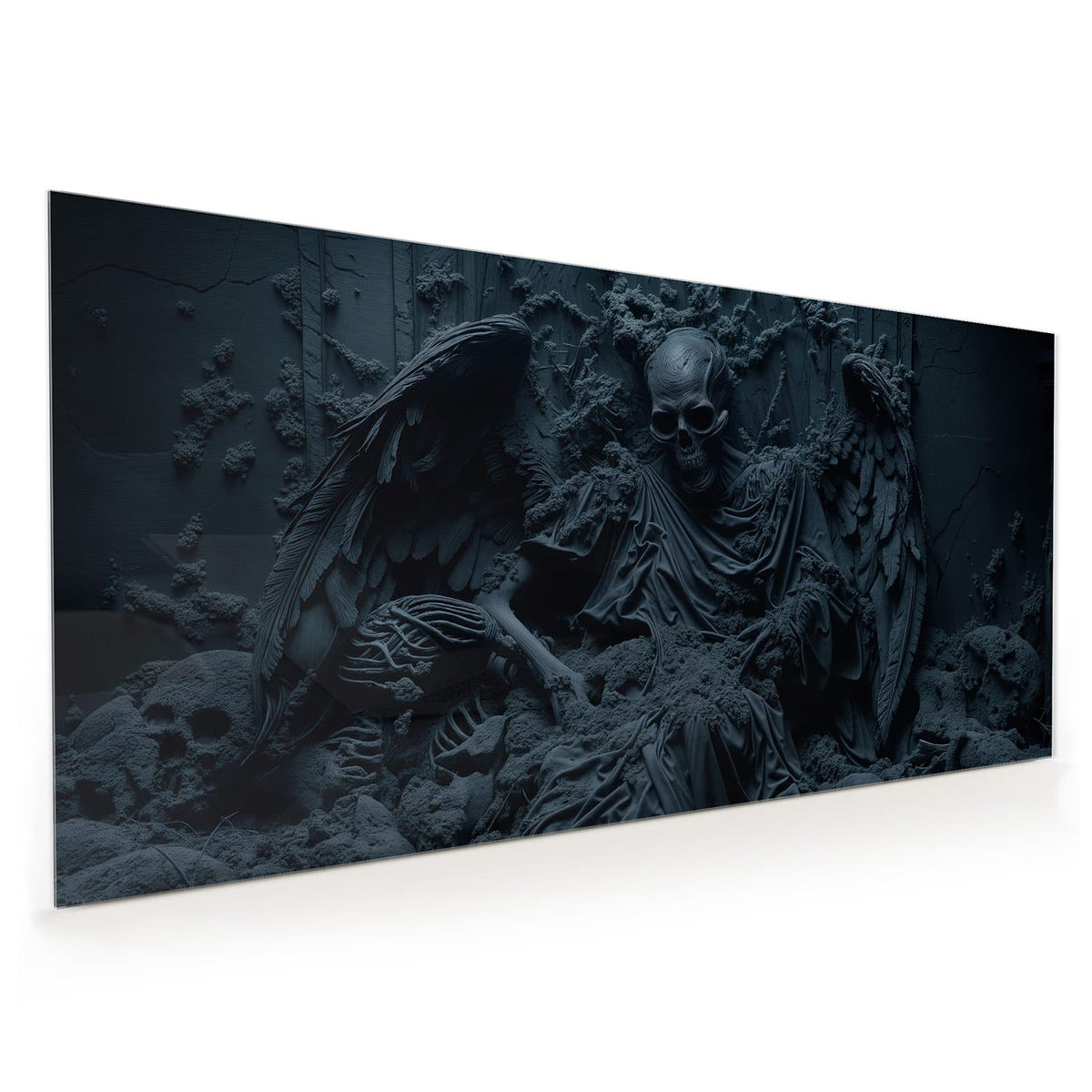 Küchenrückwand aus Glas im Hochformat mit Motiv Geflügeltes Skelett: Dunkelblaues Relief: Gerippe mit Totenschädel in Gewand, große Flügel