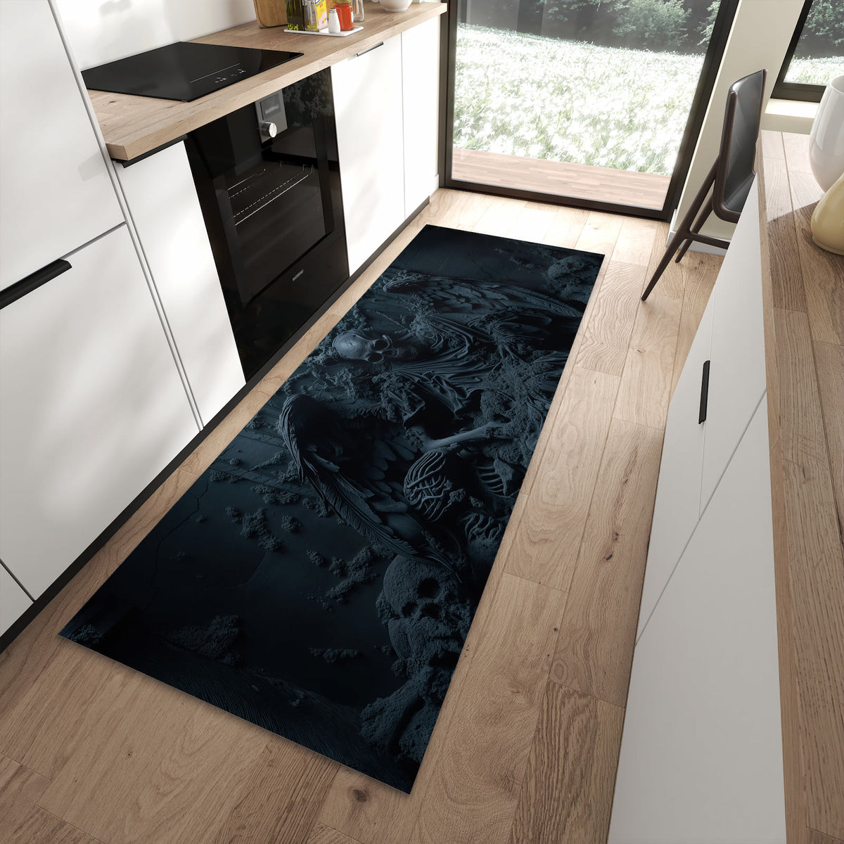 Flacher Bodenläufer mit Motiv Skeletthüter in moderner Küche