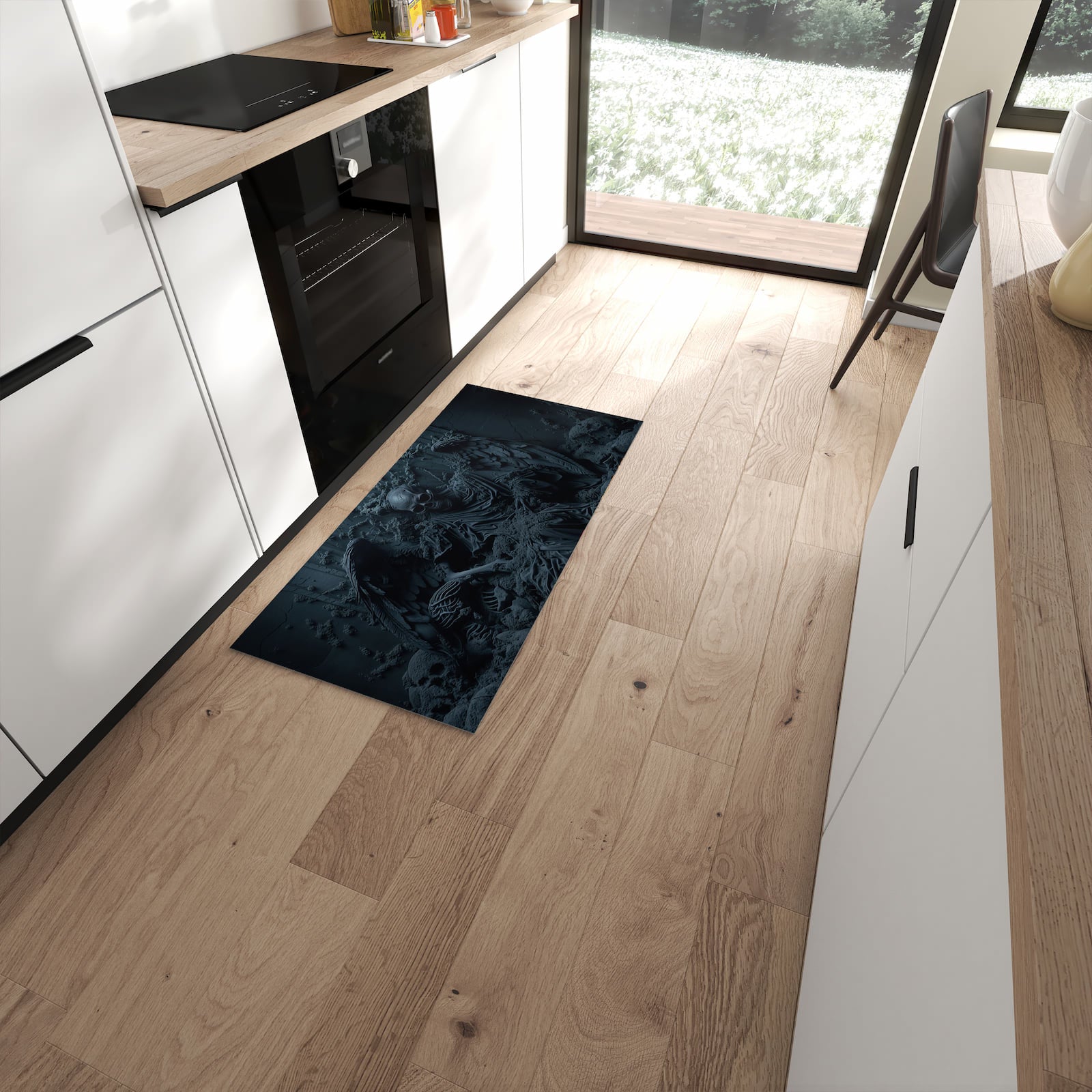Formstabiler waschbarer Läufer für die Küche mit Motiv Skeletthüter in moderner Küche #grösse_60 x 120 cm