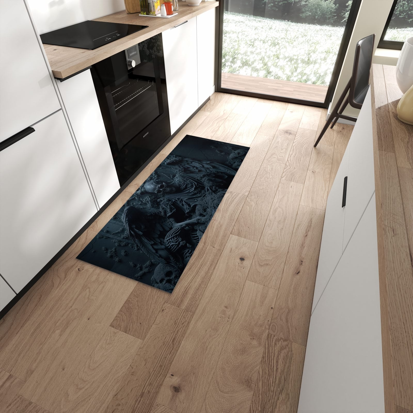 Waschbarer Küchenläufer mit Motiv Skeletthüter in moderner Küche für sichere Aufbewahrung #grösse_60 x 150 cm