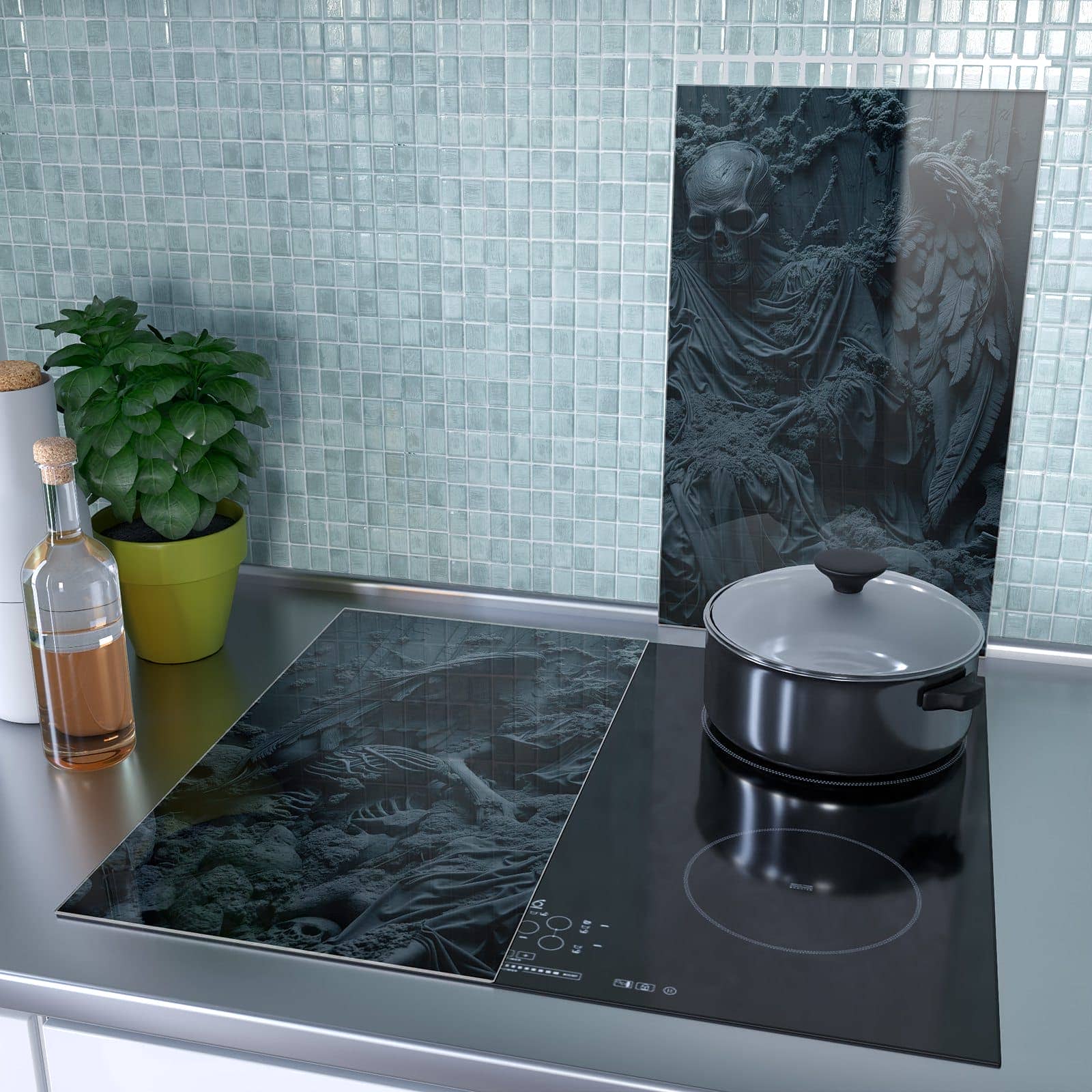 2-teilige Ceranfeld Abdeckplatten mit Skeletthüter-Motiv als Spritzschutz hinter dem Kochfeld