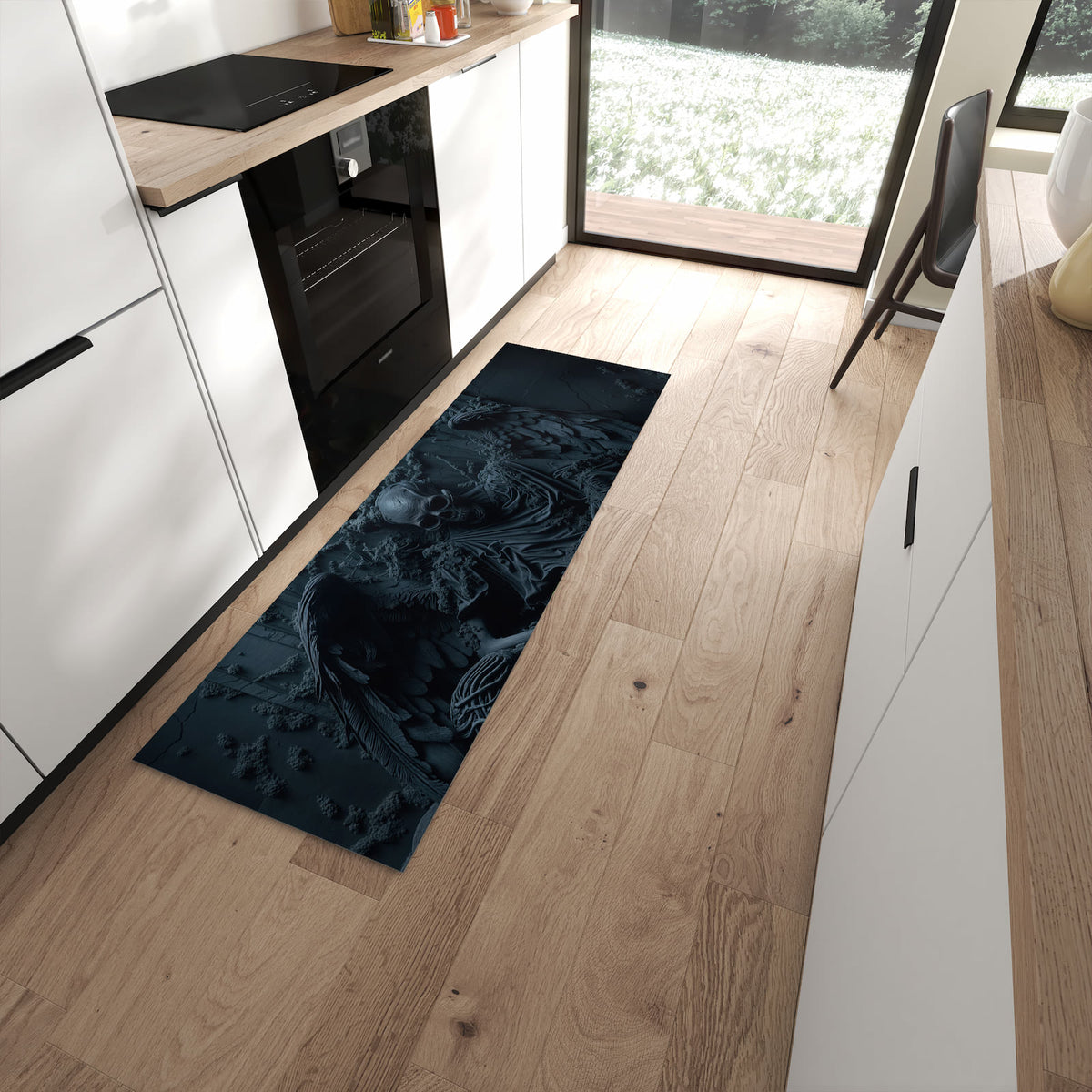 Zeitsparender langer Teppich mit Motiv Skeletthüter in moderner Küche