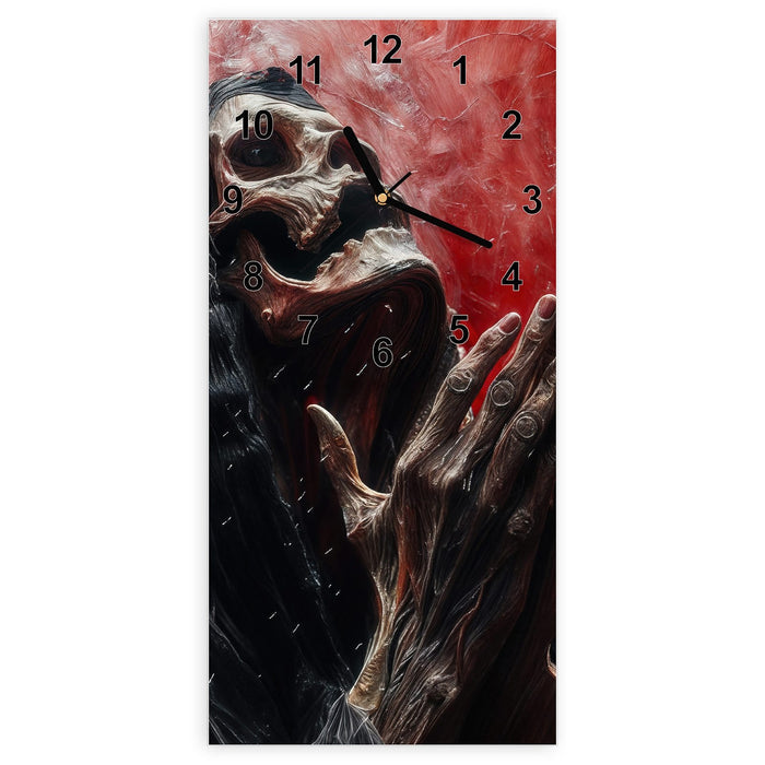 Wanduhr Skelettbetende Hände aus Glas – Hochformat 30 × 60 cm mit Ziffernblatt Modern