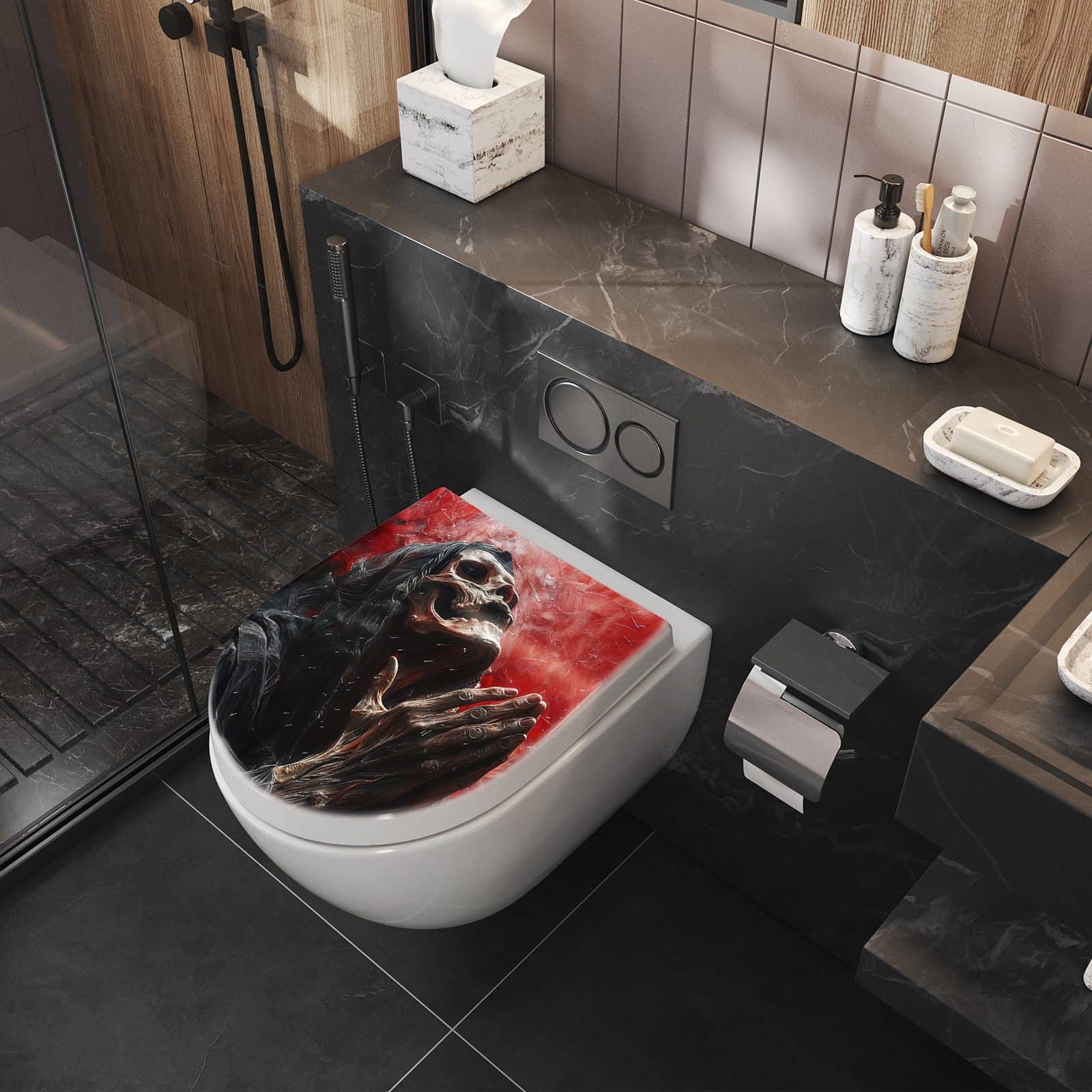 WC-Sitz mit Absenkautomatik Skelettbetende Hände