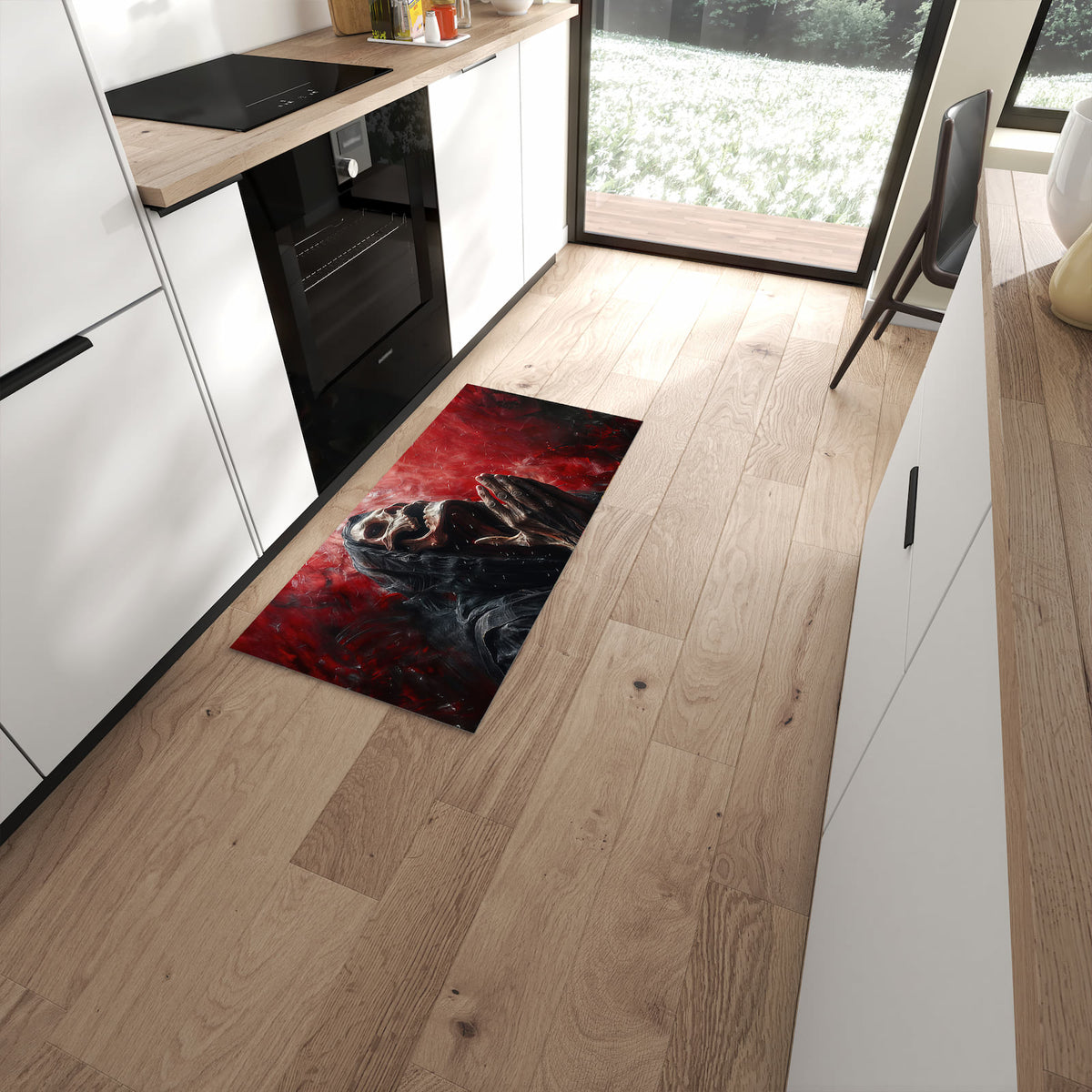 Rutschfester Küchenteppich mit Motiv Skelettbetende Hände in moderner Küche #grösse_60 x 120 cm