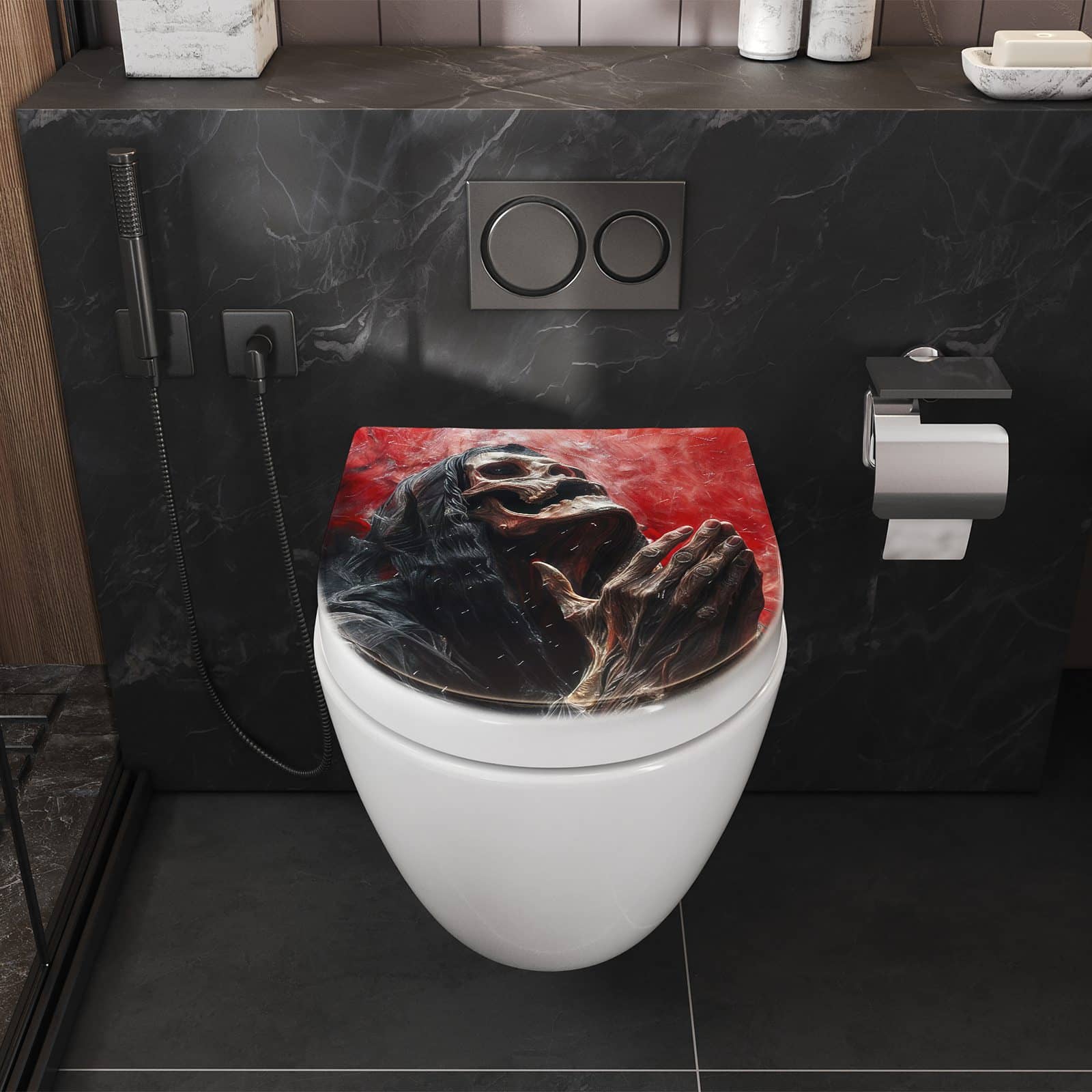 WC-Sitz mit Absenkautomatik Skelettbetende Hände