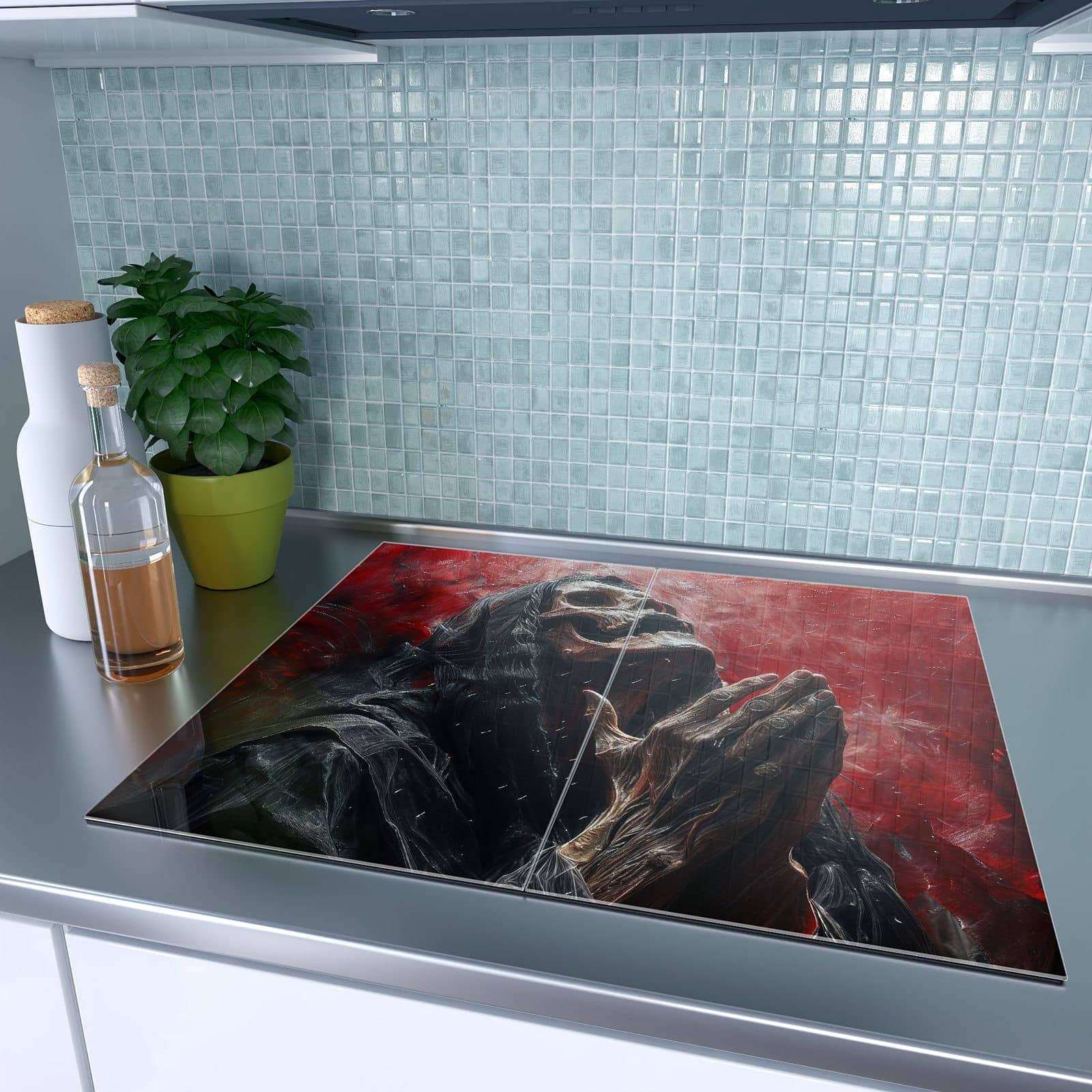 2-teilige Abdeckung für Herdplatte mit Skelettbetende Hände-Motiv auf dem Ceranfeld