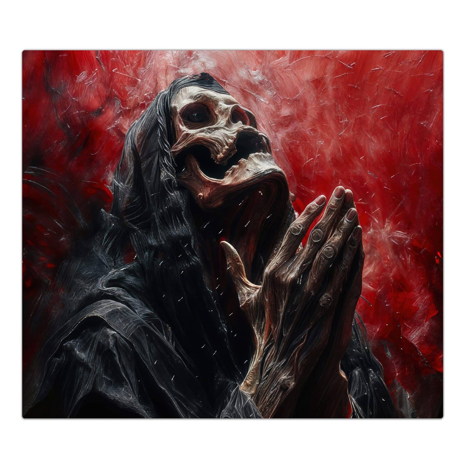 1-teilige Herdabdeckplatten für Ceranfeld mit Skelettbetende Hände-Motiv in der Frontansicht #grösse_1-Teilig (60x52cm)