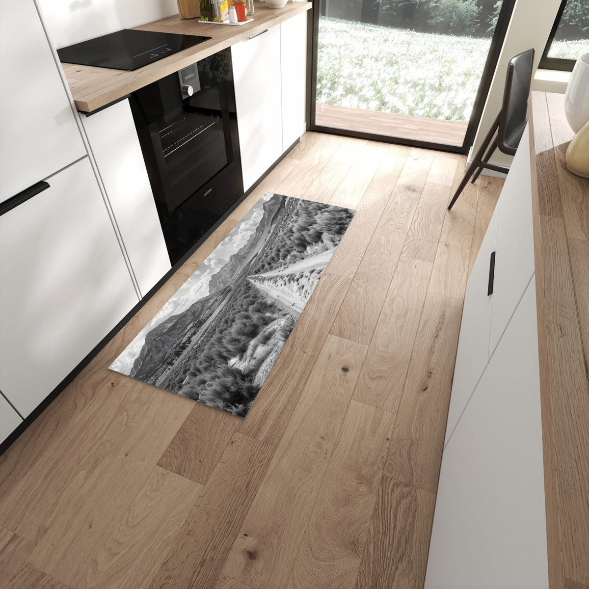 Geräuschdämpfender waschbarer Küchenläufer mit Motiv Gebirgspanorama in moderner Küche #grösse_60 x 150 cm