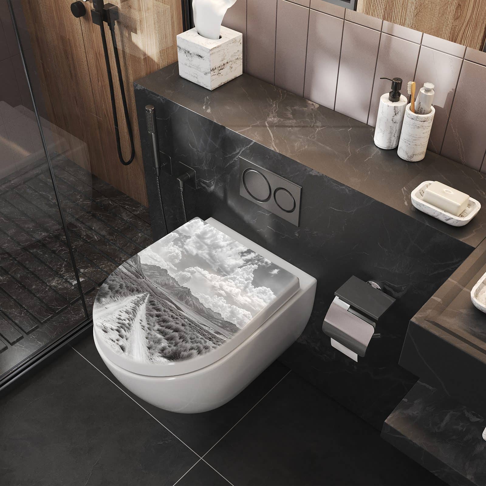 WC-Sitz mit Absenkautomatik Gebirgspanorama