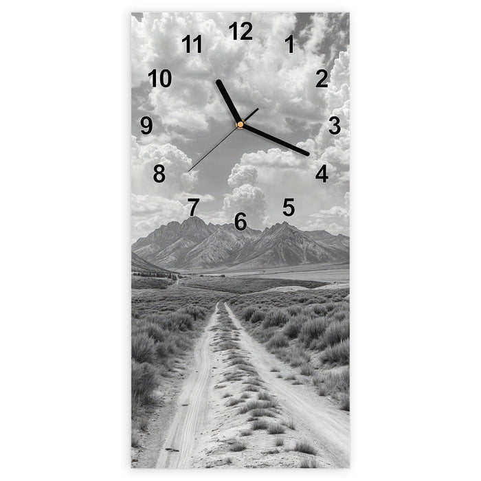 Wanduhr Gebirgspanorama aus Glas – Hochformat 30 × 60 cm mit Ziffernblatt Modern