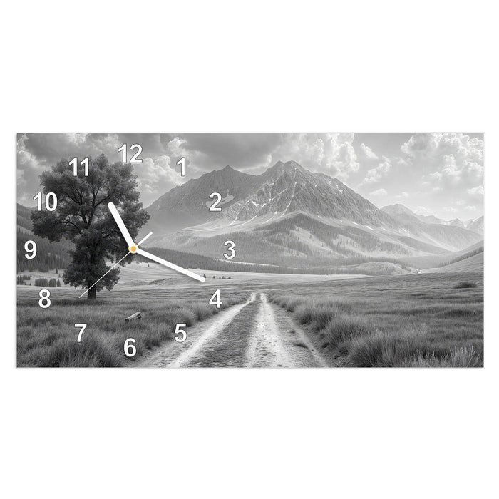 Wanduhr Berglandschaft Weg aus Glas – Querformat 60 × 30 cm mit Ziffernblatt Modern
