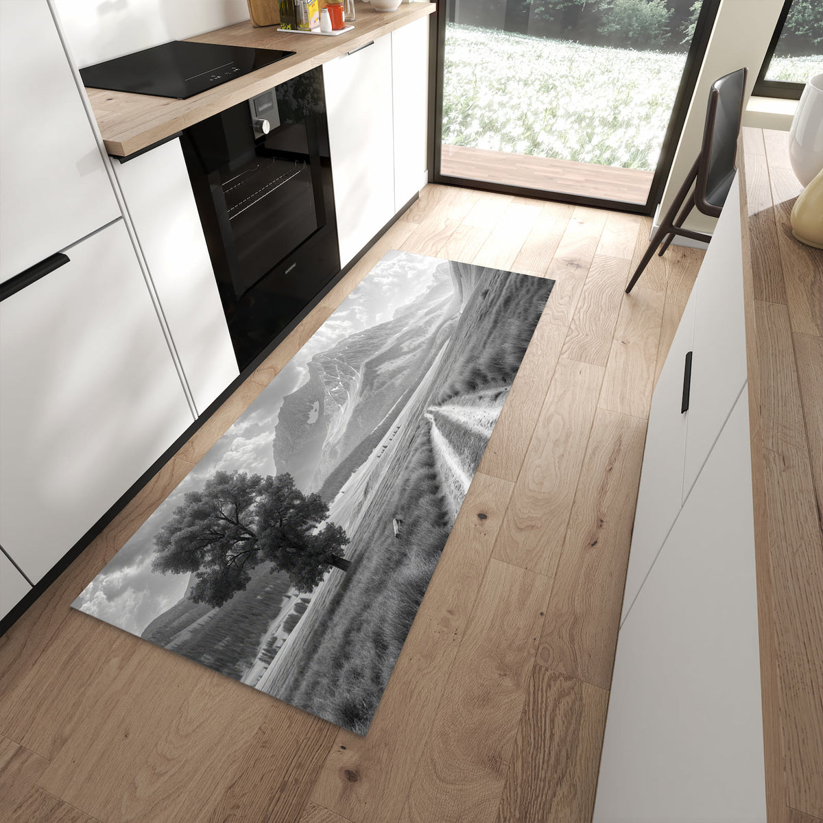 Bodenschonender Küchenteppich mit Motiv Berglandschaft Weg in moderner Küche