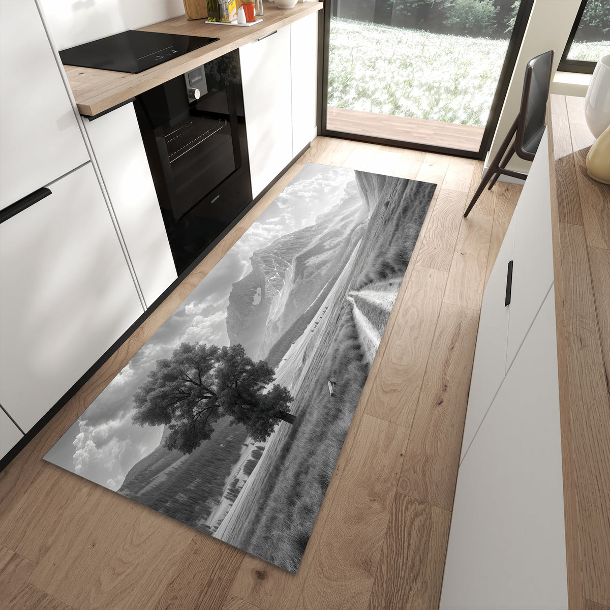 Rutschfester Küchenläufer mit Motiv Berglandschaft Weg für sicheren Stand in moderner Küche