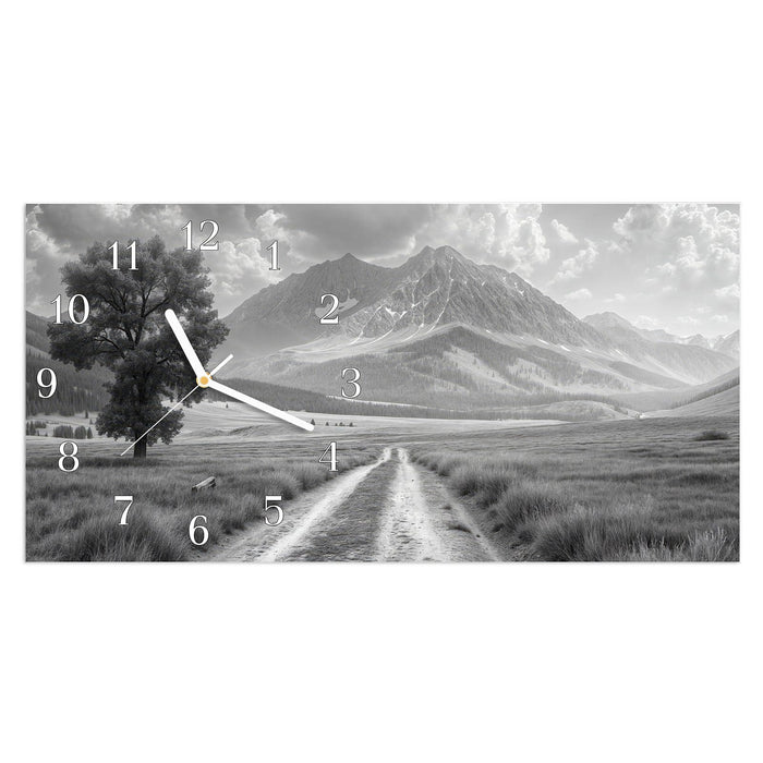 Wanduhr Berglandschaft Weg aus Glas – Querformat 60 × 30 cm mit Ziffernblatt Klassisch