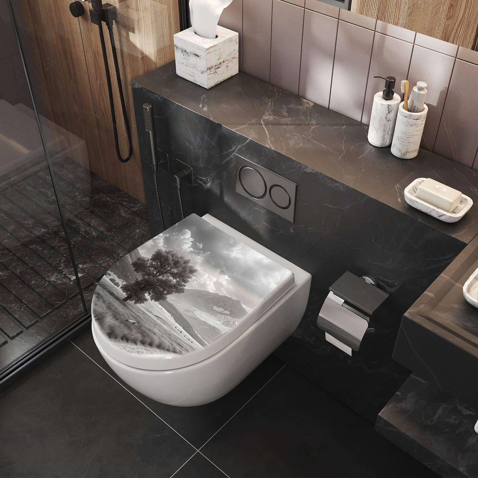 WC-Sitz mit Absenkautomatik Berglandschaft Weg