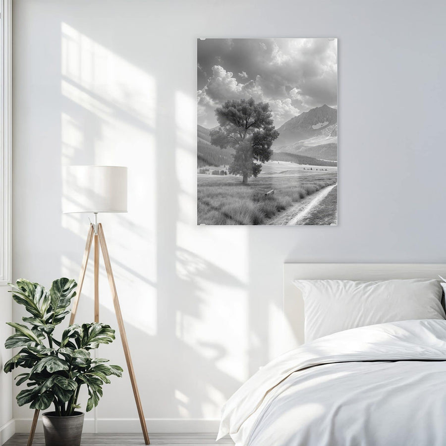 Maße Wandbild - Einsamer Baum vor Bergen - Hochformat