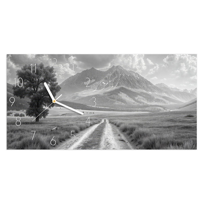 Wanduhr Berglandschaft Weg aus Glas – Querformat 60 × 30 cm mit Ziffernblatt Elegant