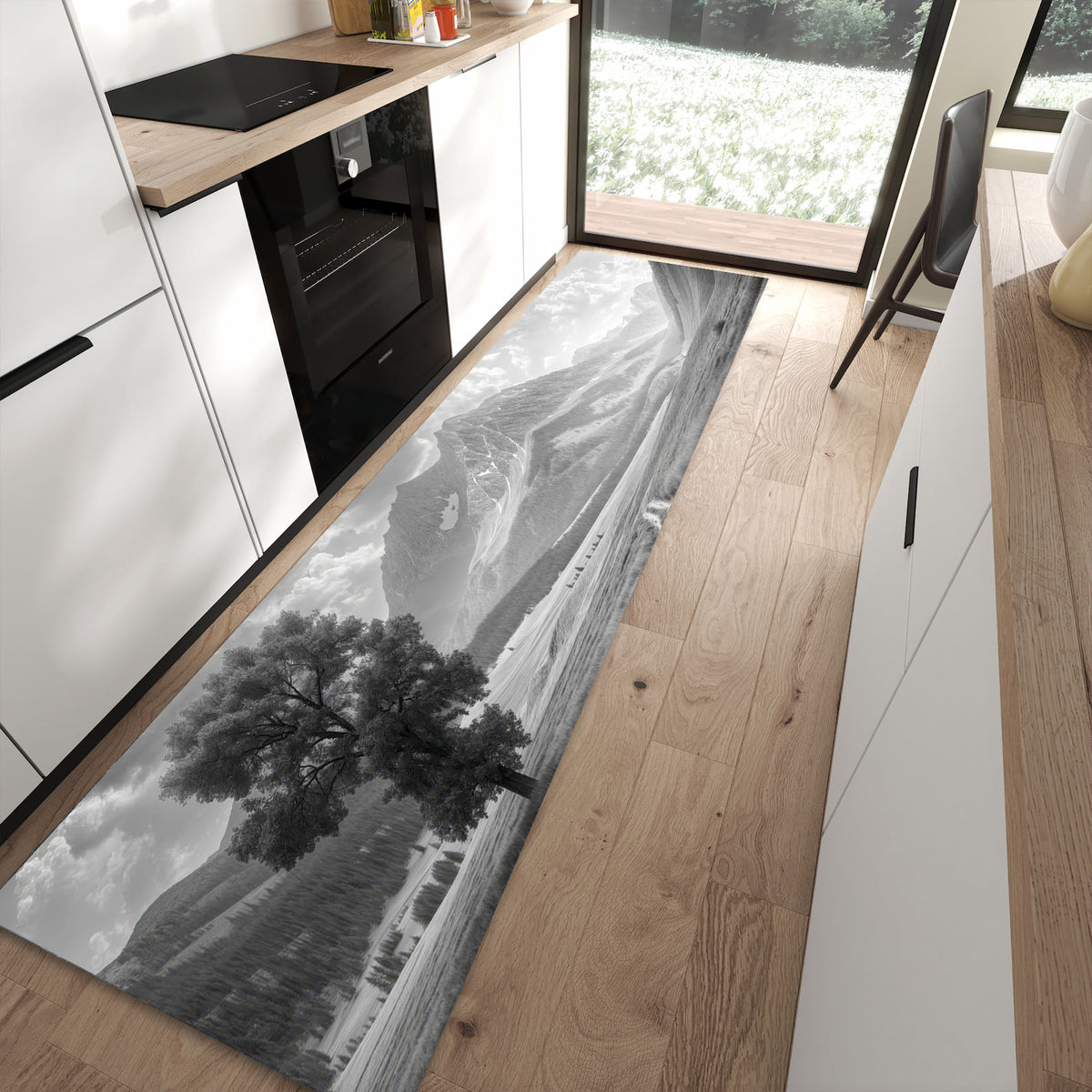 Farbbeständiger waschbarer Küchenläufer mit Motiv Berglandschaft Weg in moderner Küche