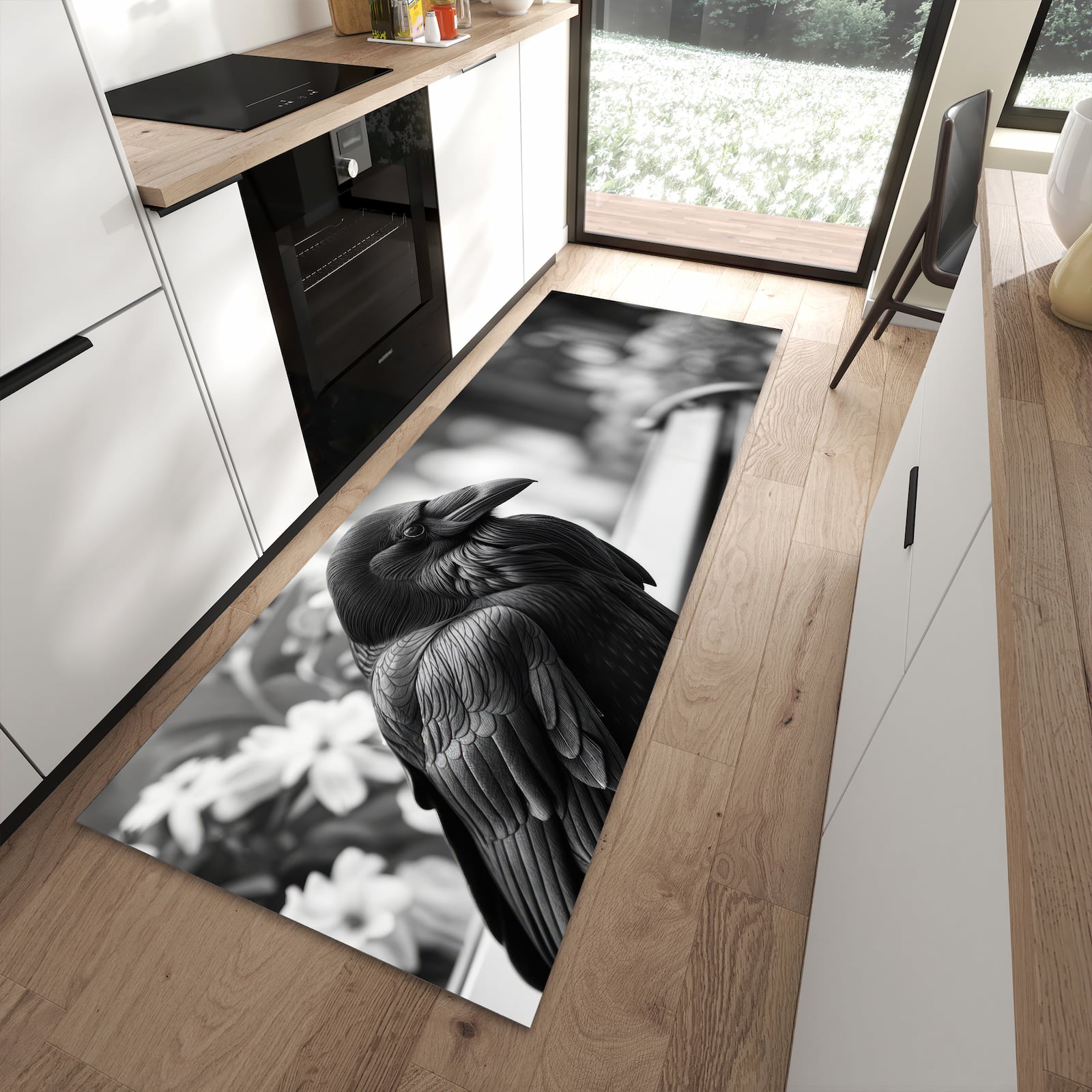 Waschbarer Küchenteppich mit Motiv Rabe auf Bank in moderner Küche