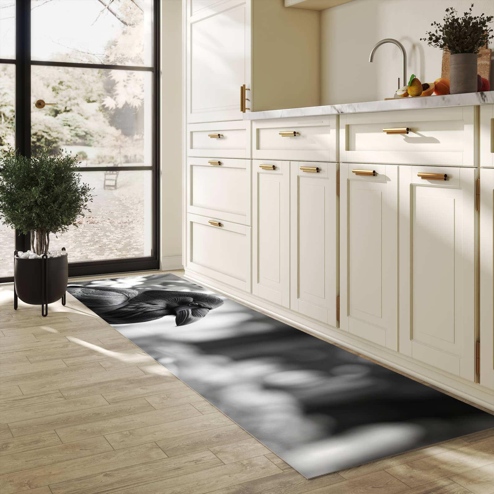 Pflegeleichter waschbarer Küchenläufer mit Motiv Rabe auf Bank in heller Küche