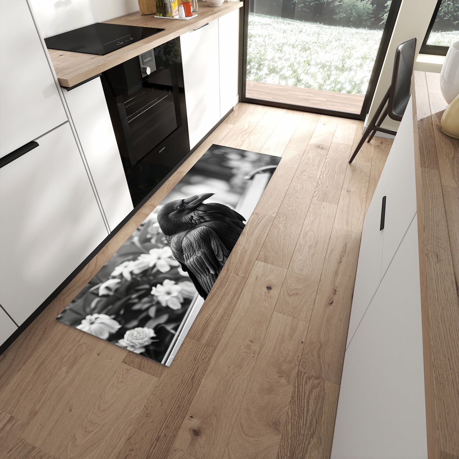 Abriebfester Küchenteppich mit Motiv Rabe auf Bank in moderner Küche