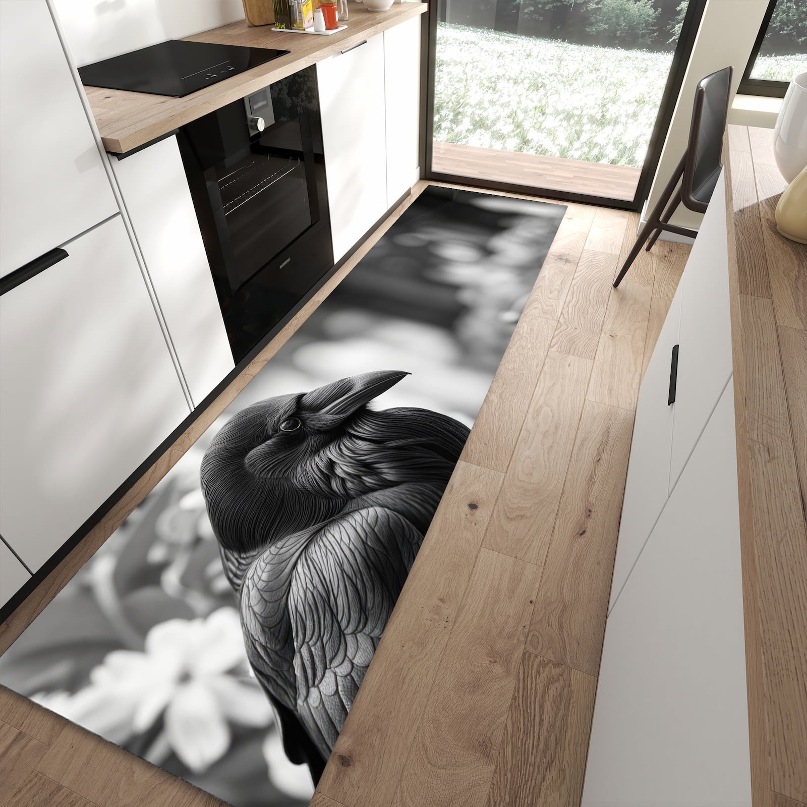 Flacher Küchenläufer mit Motiv Rabe auf Bank in moderner Küche