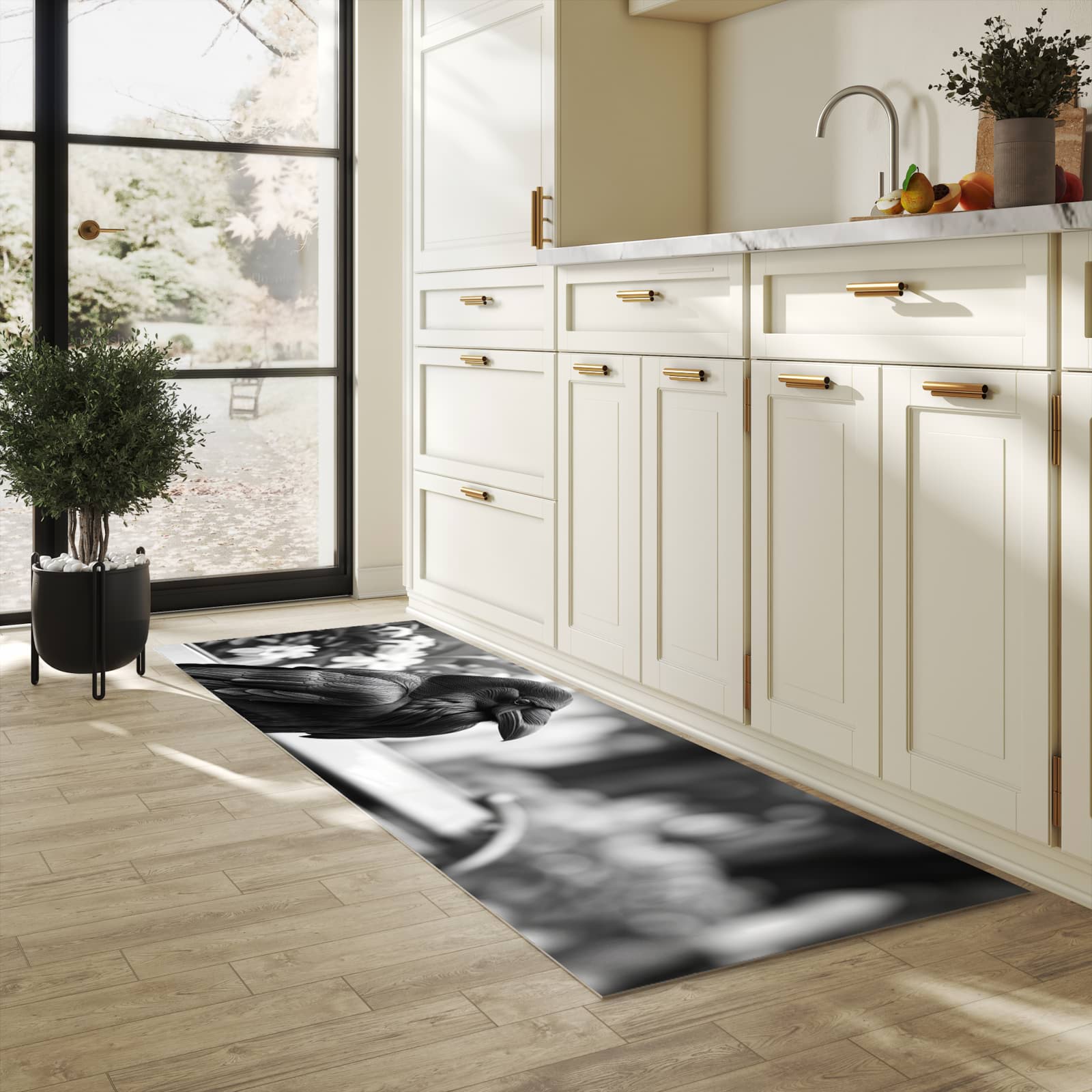 Langlebiger Küchenläufer mit Motiv Rabe auf Bank in heller Küche