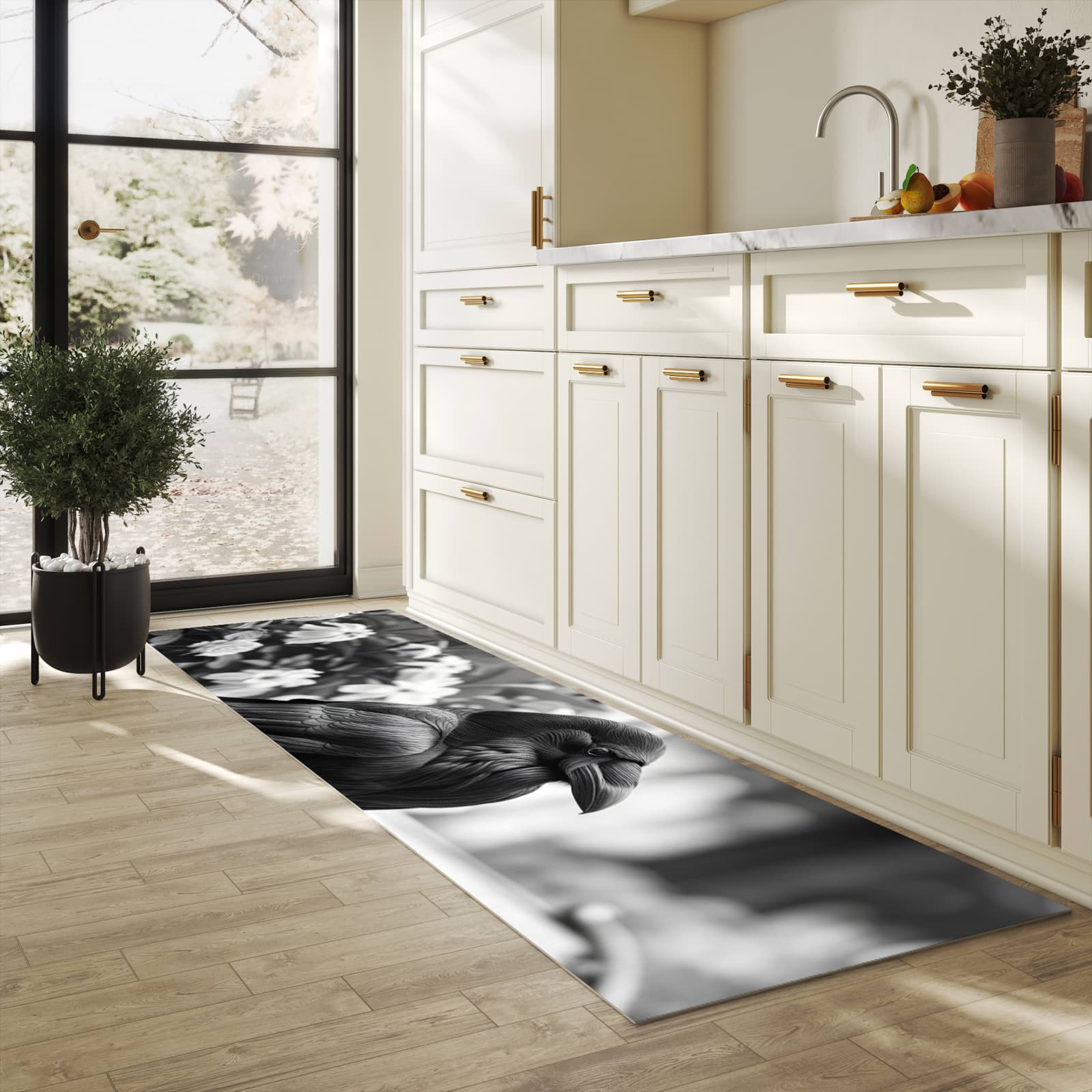 Flacher Küchenläufer nach Maß mit Motiv Rabe auf Bank in heller Küche