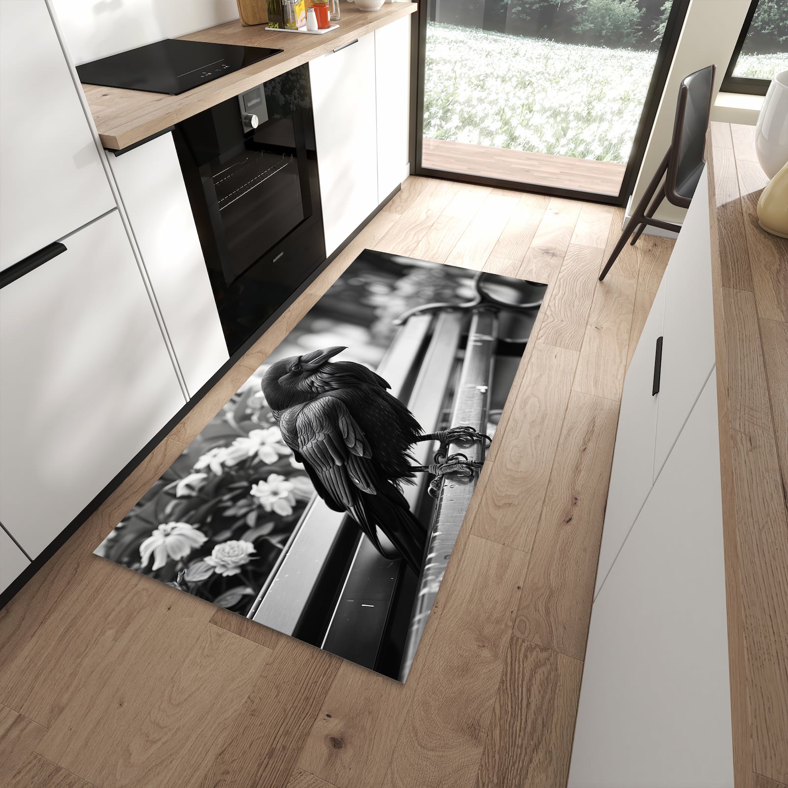 Rutschfester Küchenteppich mit Motiv Rabe auf Bank in moderner Küche