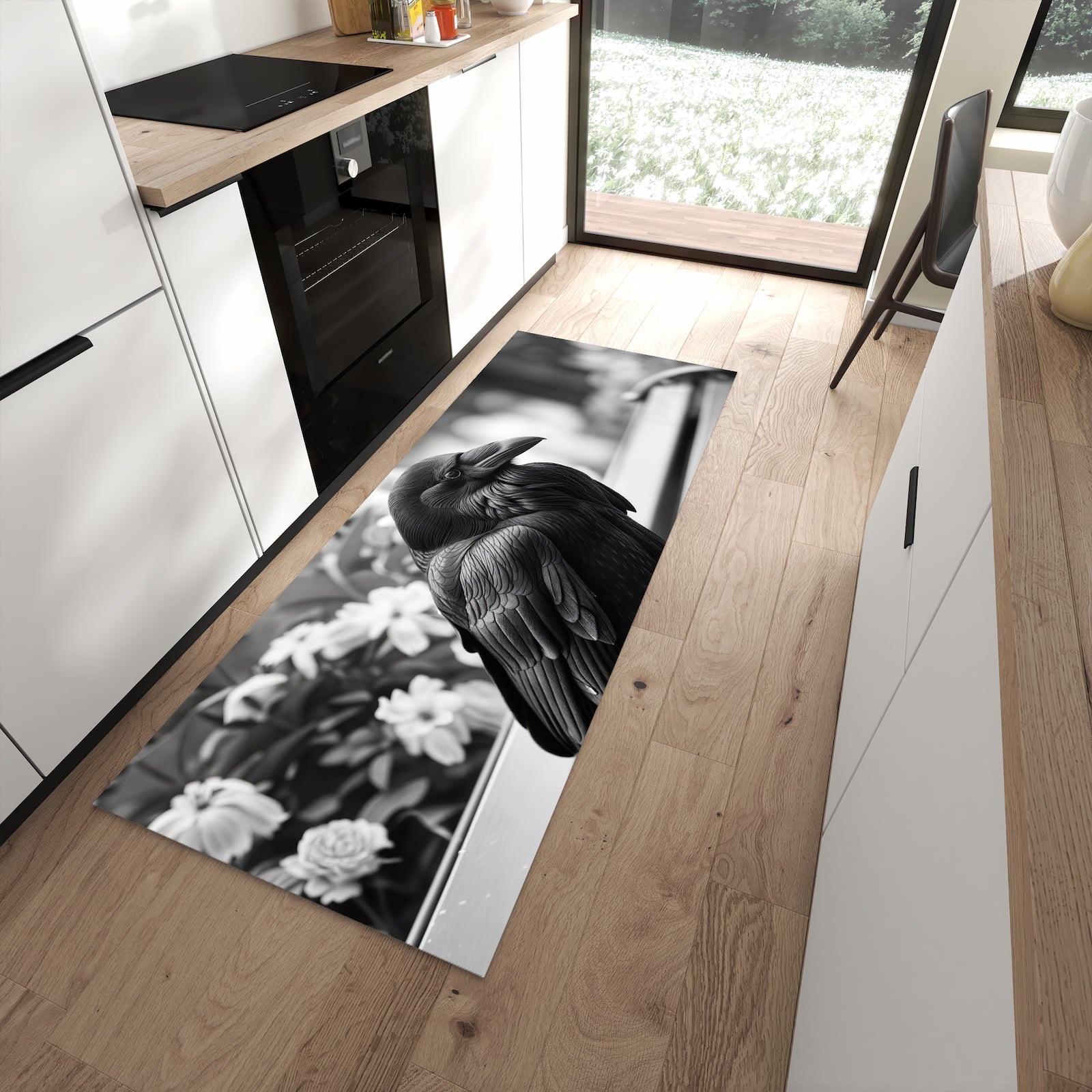 Schmutzabweisender Küchenteppich mit Motiv Rabe auf Bank in moderner Küche