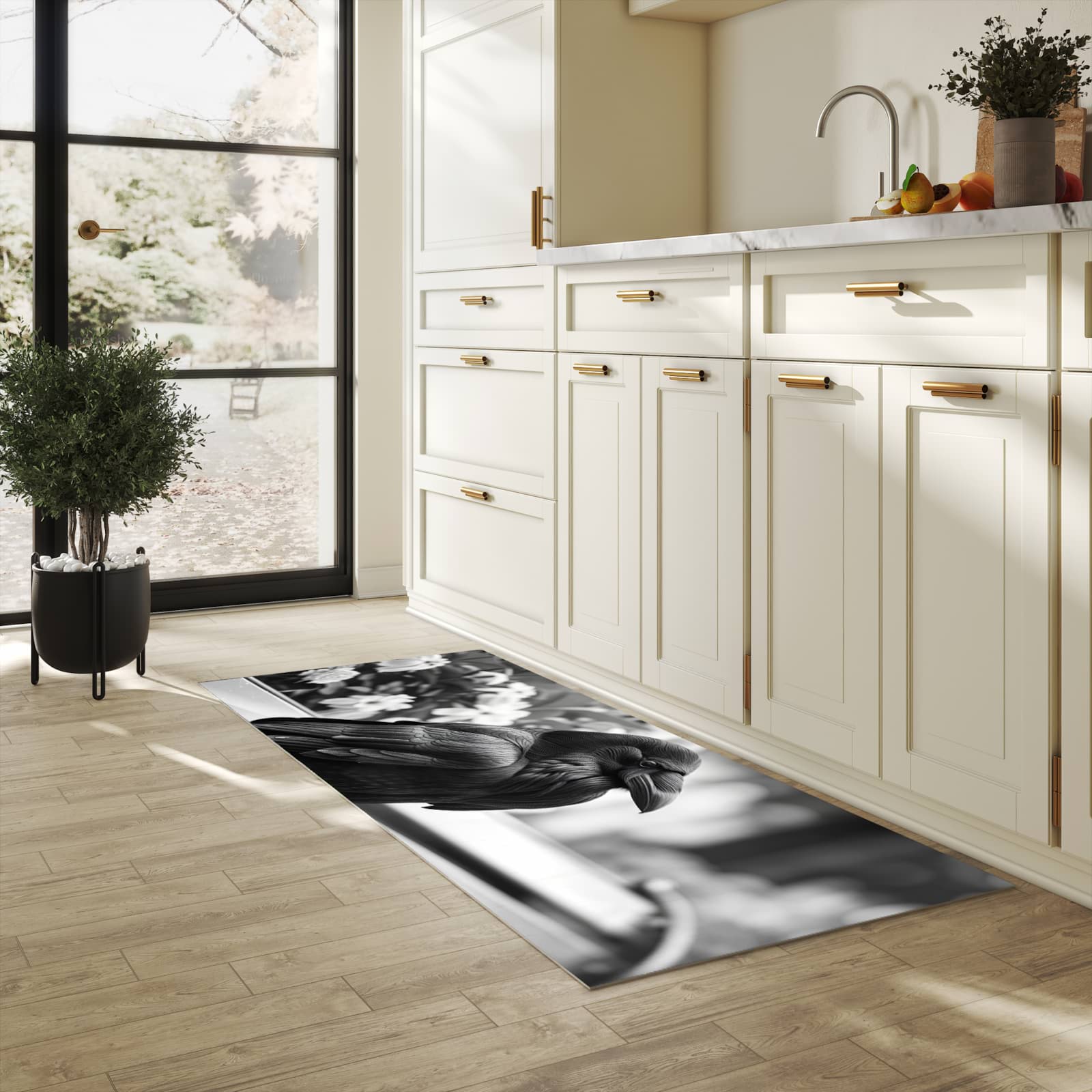 Geruchsneutraler rutschfester Küchenläufer mit Motiv Rabe auf Bank in heller Küche