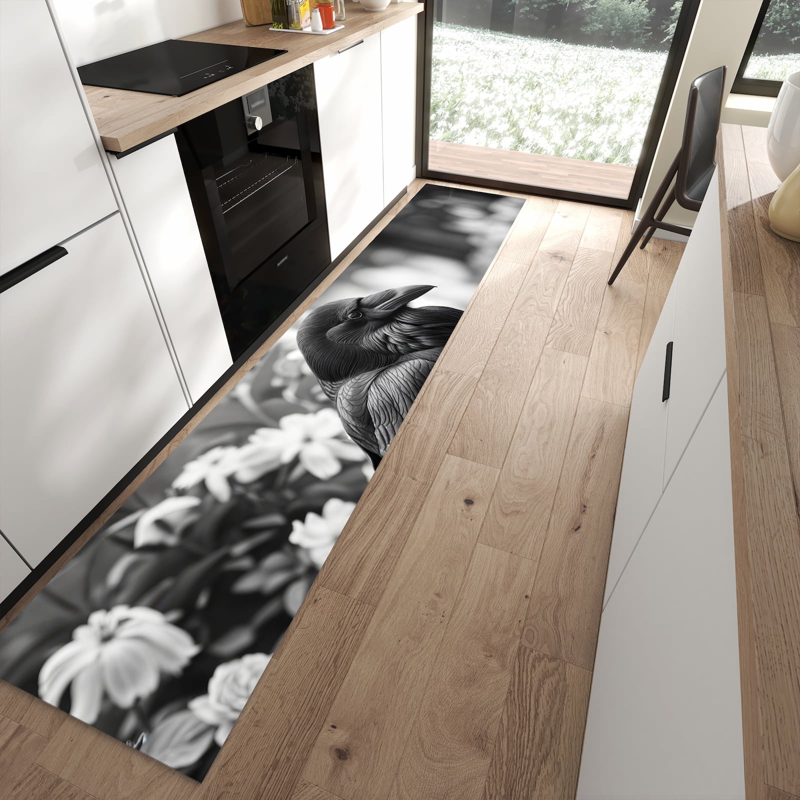 Wasserabweisender Teppich für die Küche mit Motiv Rabe auf Bank in moderner Küche