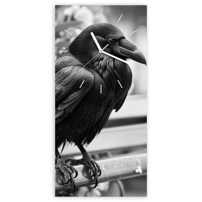 Wanduhr Rabe auf Bank aus Glas – Hochformat 30 × 60 cm mit Ziffernblatt Linie