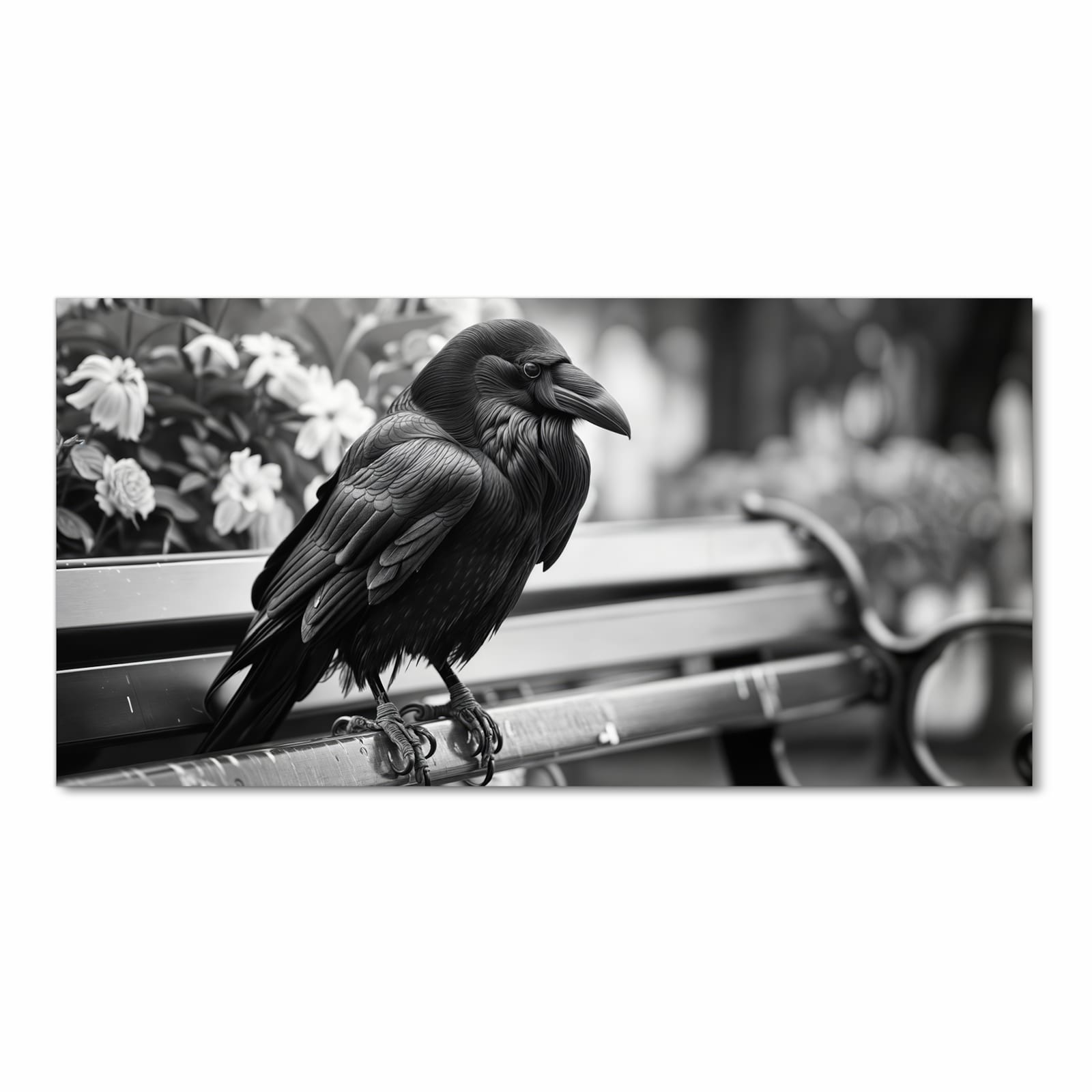 Formstabiler abwaschbarer Küchenteppich mit Motiv Rabe auf Bank in Frontansicht