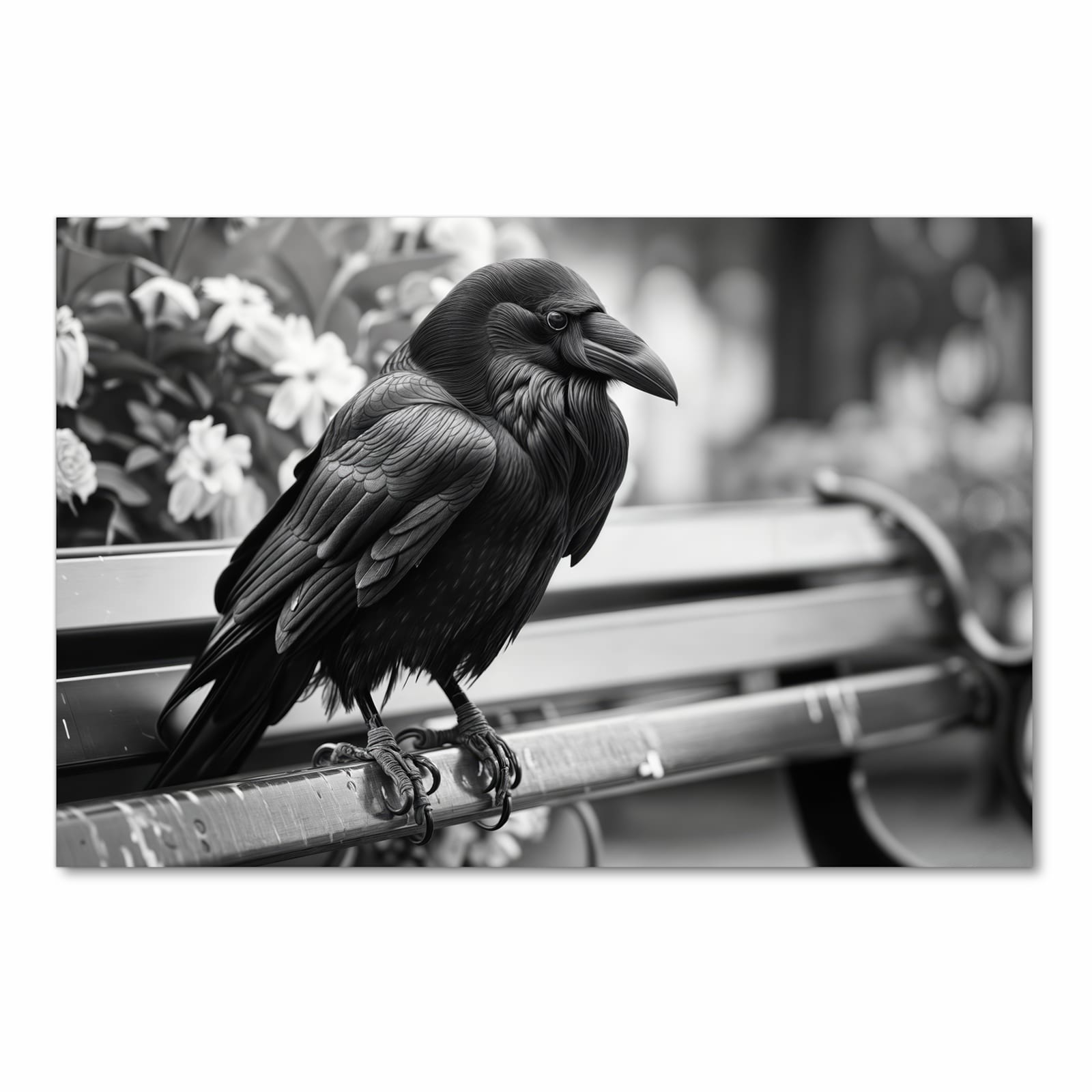 Komfortabler Küchenteppich mit Motiv Rabe auf Bank in Frontansicht für angenehmes Stehen