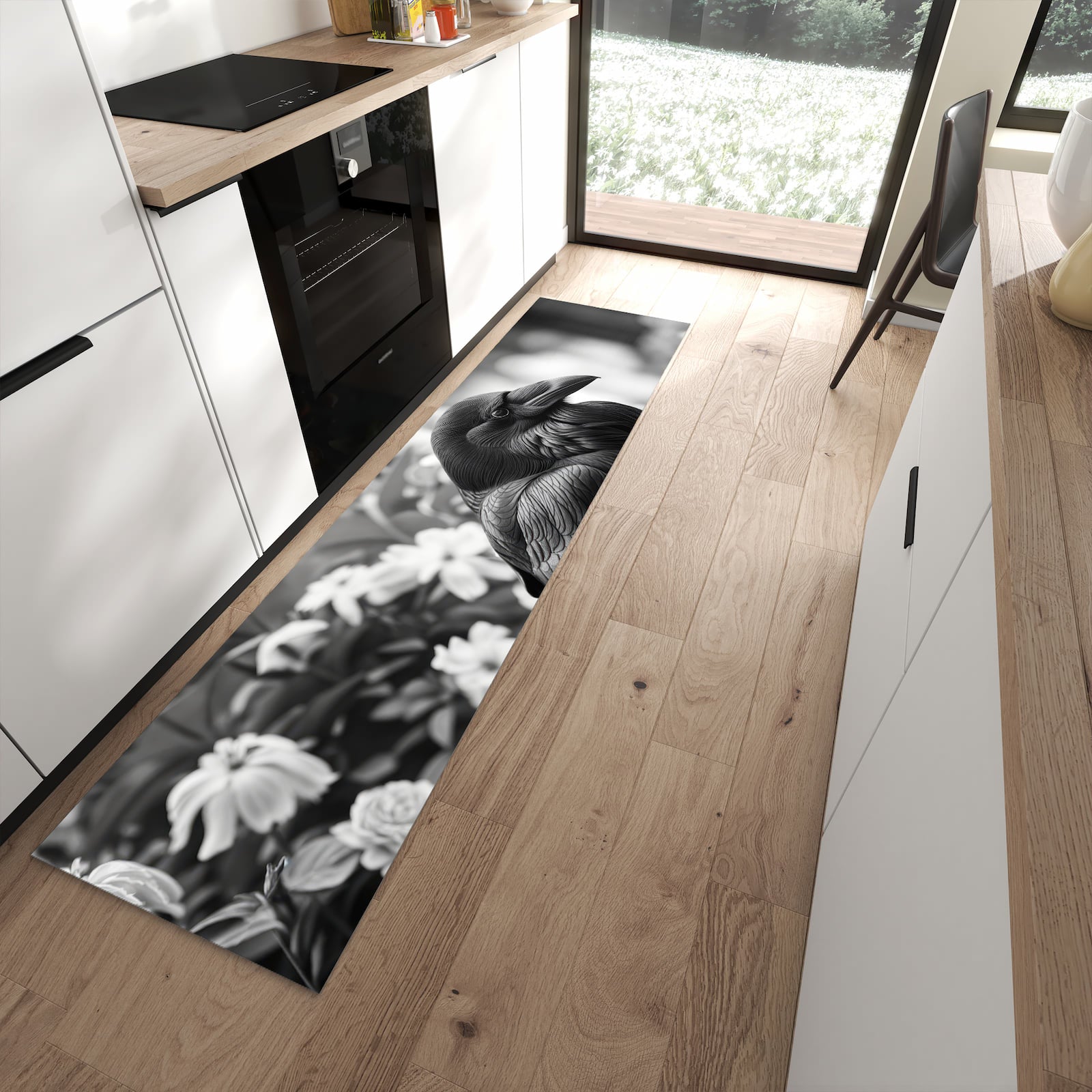 UV-beständiger Teppich für Küche mit Motiv Rabe auf Bank in moderner Küche