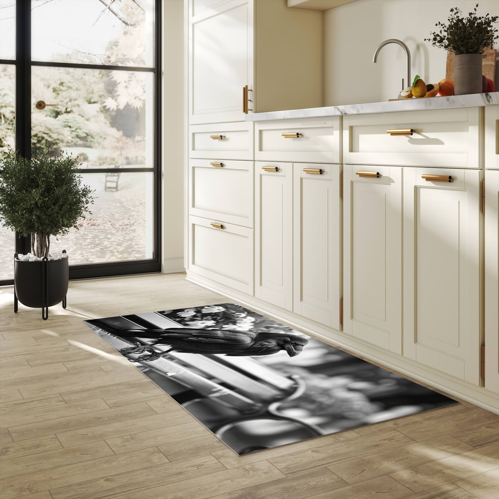 Komfortabler moderner Küchenläufer mit Motiv Rabe auf Bank in heller Küche