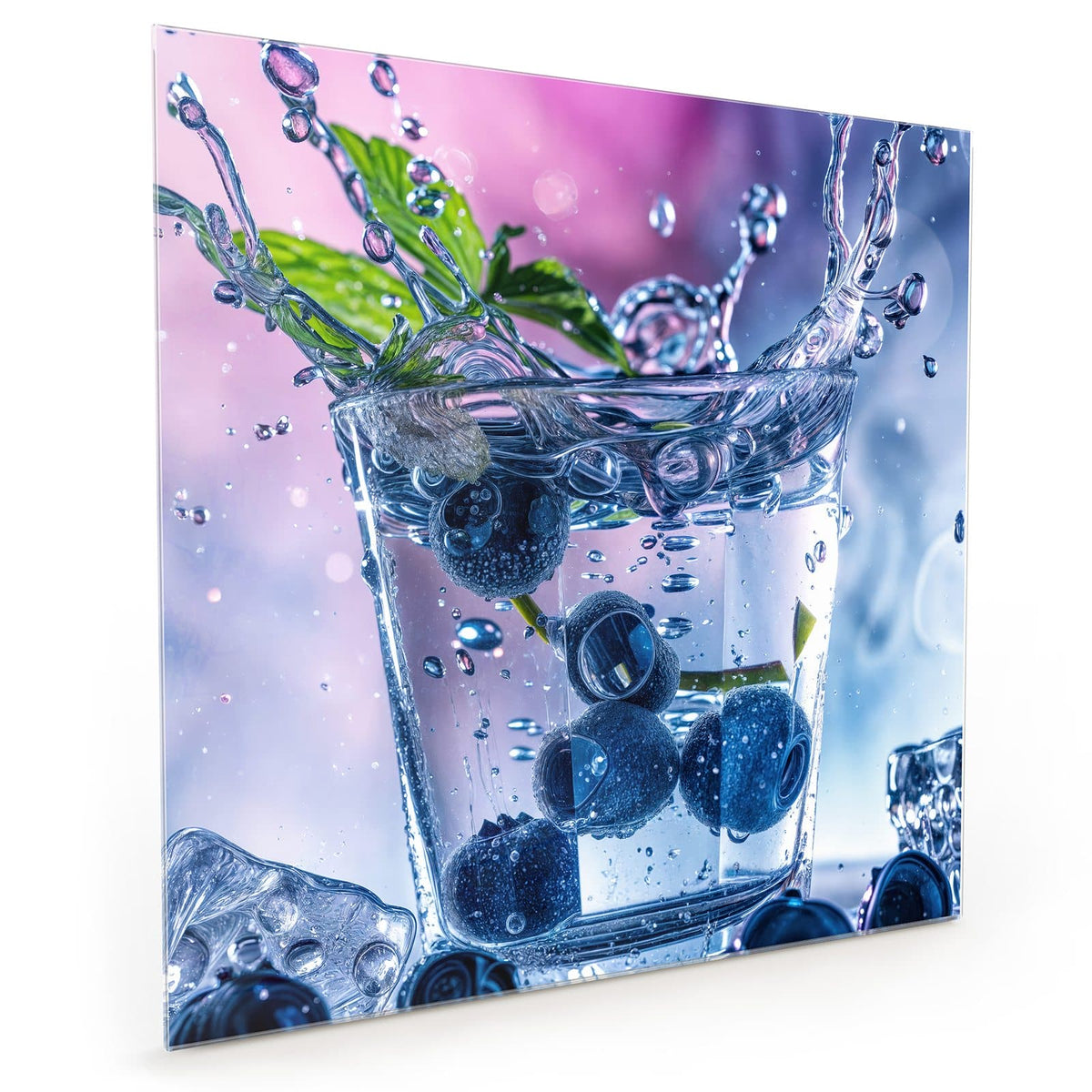 Küchenrückwand aus Glas im quadratischen Format: Glas Wasser mit hineinfallenden Blaubeeren, Minzzweig und hoher Spritzkrone vor rosa-blauem Grund. #grösse_40 x 40 cm #grösse_50 x 50 cm #grösse_60 x 60 cm