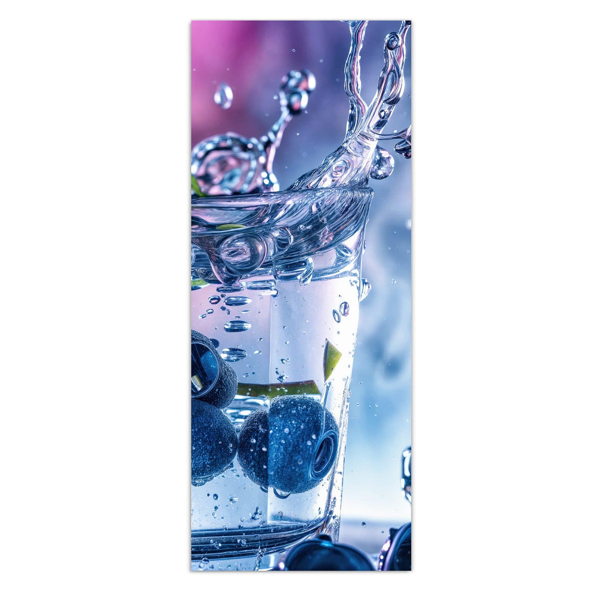 Wandbild - Blaubeeren im Glas - Hochformat – Glas mit Blaubeeren und Minze