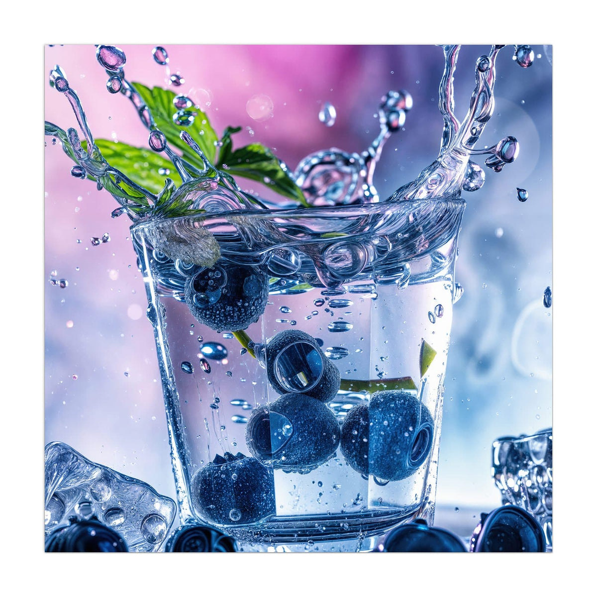 Küchenrückwand aus Glas Blaubeeren im Glas im quadratischen Format, Motiv bildfüllend von vorn #grösse_40 x 40 cm #grösse_50 x 50 cm #grösse_60 x 60 cm