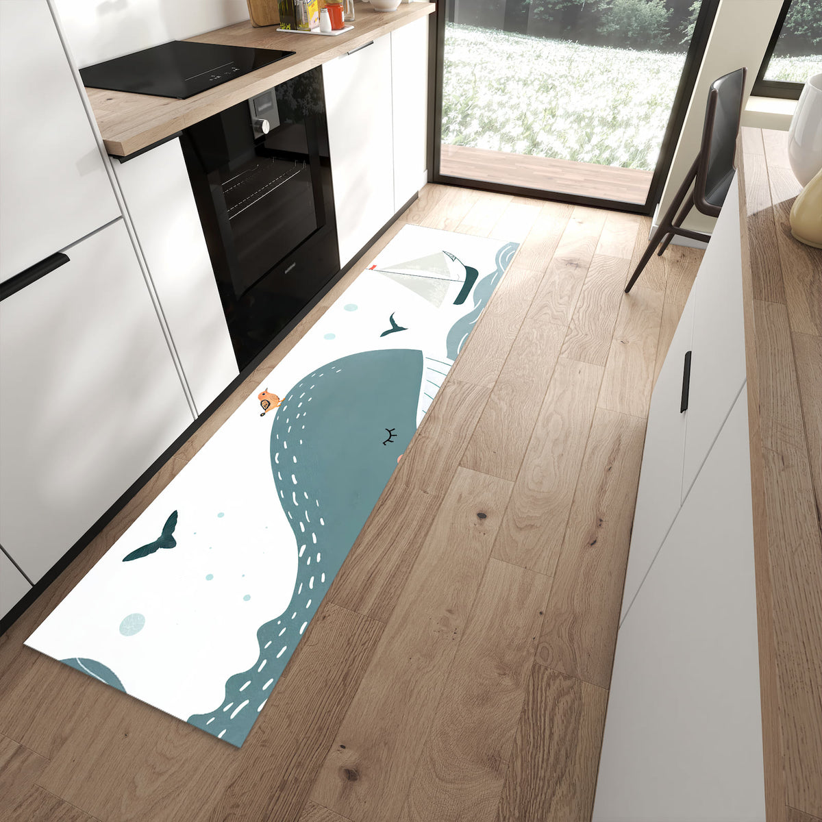 Wasserabweisender Küchenteppich mit Motiv Schlafender Wal in moderner Küche