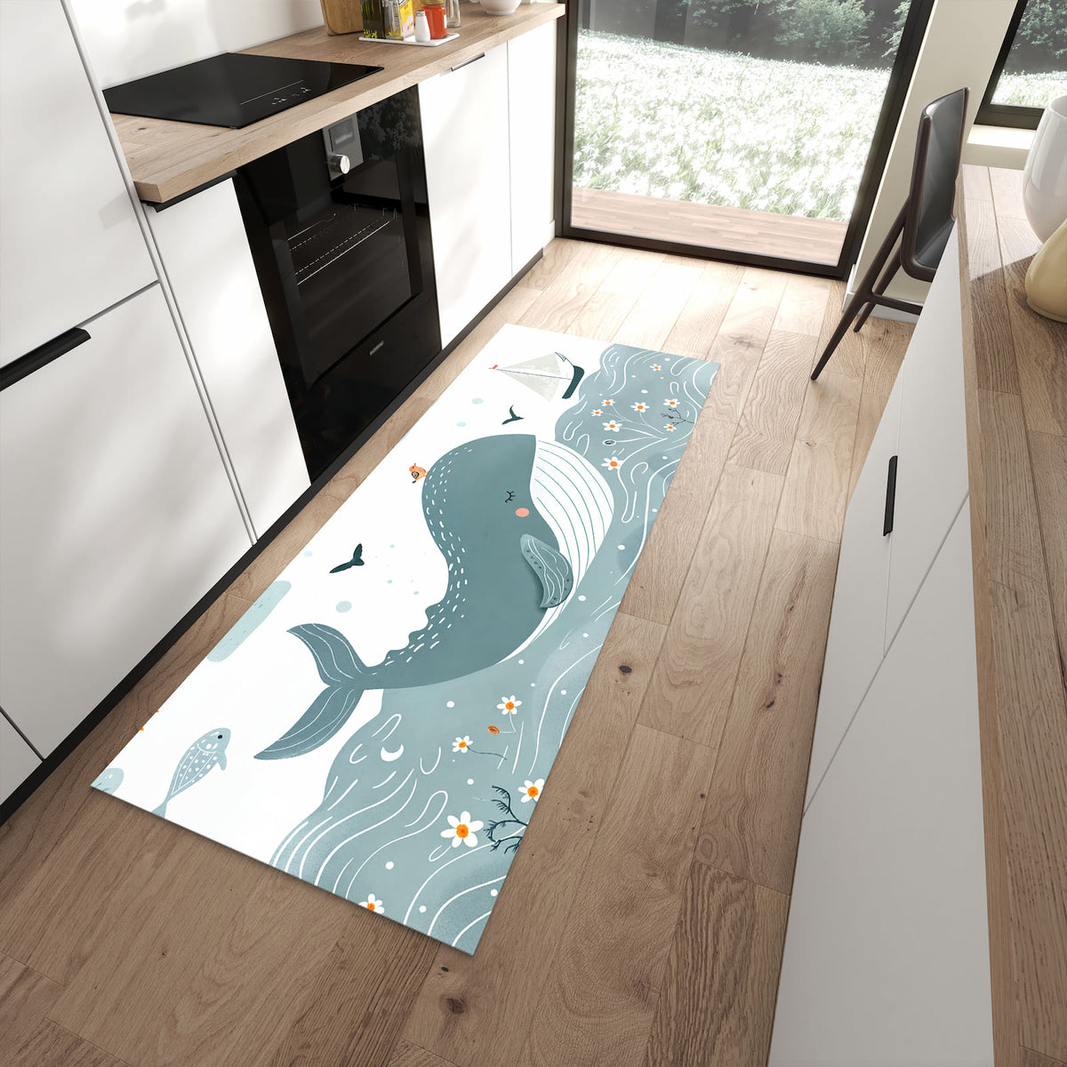 Langlebiger Küchenteppich mit Motiv Schlafender Wal in moderner Küche