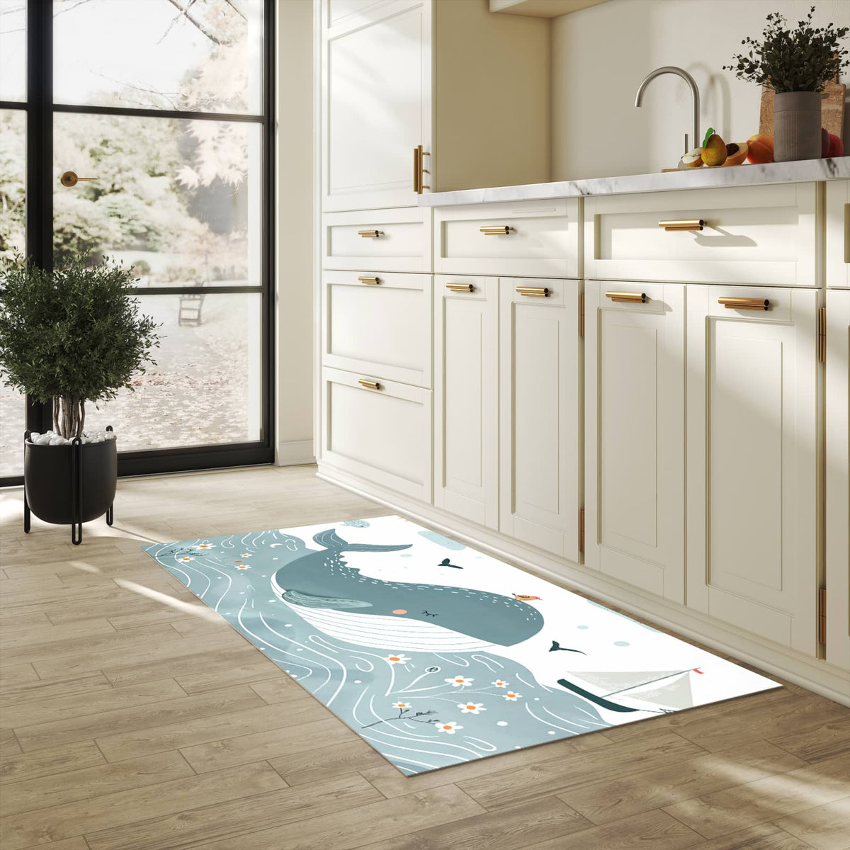 Waschbarer Teppich fürs Esszimmer mit Motiv Schlafender Wal in heller Küche