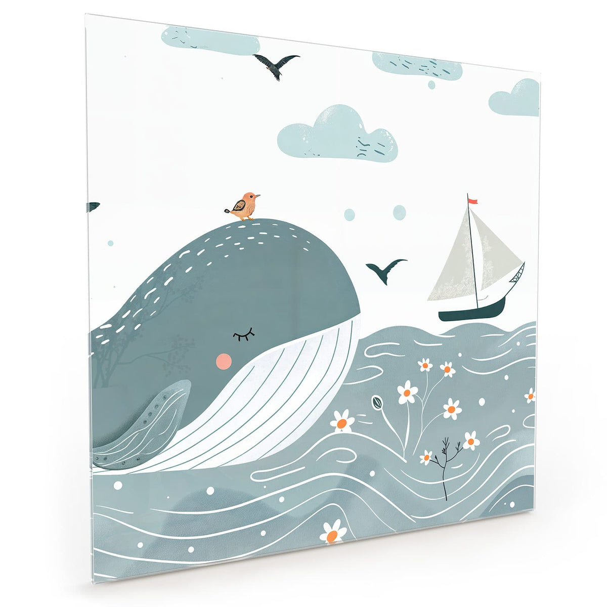 Küchenrückwand aus Glas im quadratischen Format mit Motiv Schlafender Wal: Illustrierter Wal mit geschlossenem Auge (Wimpern) und rosa Wange im Wellenmeer #grösse_40 x 40 cm #grösse_50 x 50 cm #grösse_60 x 60 cm